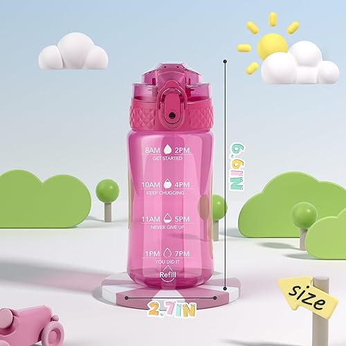 Miniatura 6 de OLDLEY Botella de agua motivacional para niños de 12 onzas con popote de silicona, Tritan a prueba de fugas, sin BPA, reutilizable para niñas y