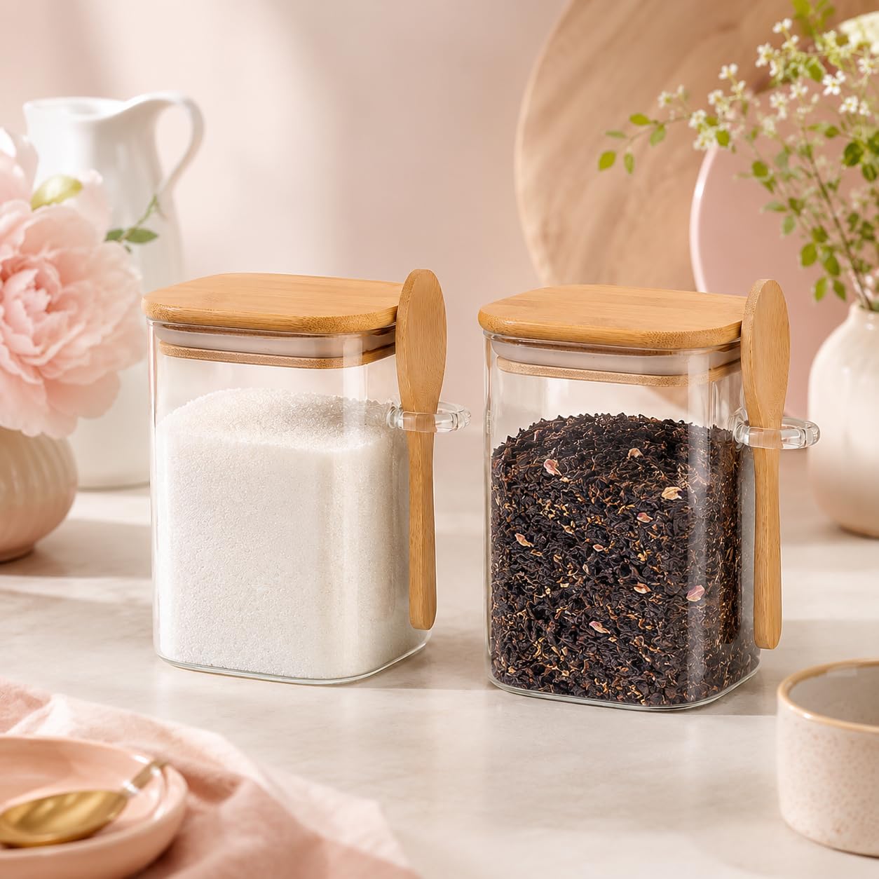 2’li 500 ml Kaşıklı Cam Kavanoz Seti, Bambu Kapaklı Şeffaf Baharatlık ve Saklama Kabı, Kahve…