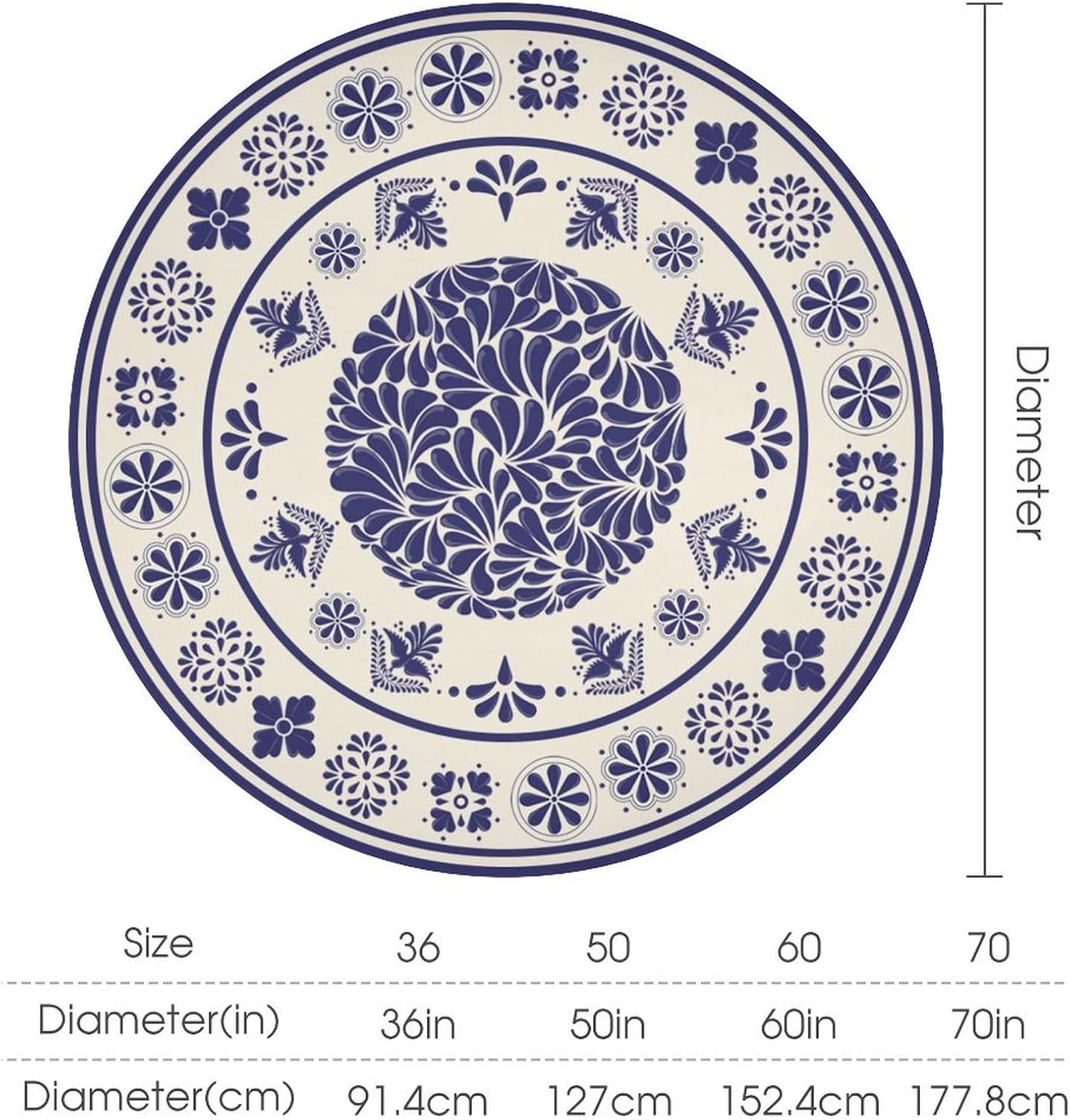 Mexican Round Tablecloth, Vintage Mexico Flowers Bird Pattern Table Cover Cinco De Mayo Fiesta Water Resistant Wipeable Tabletop for Holiday Party Kitchen Dinning Table Decor 70"