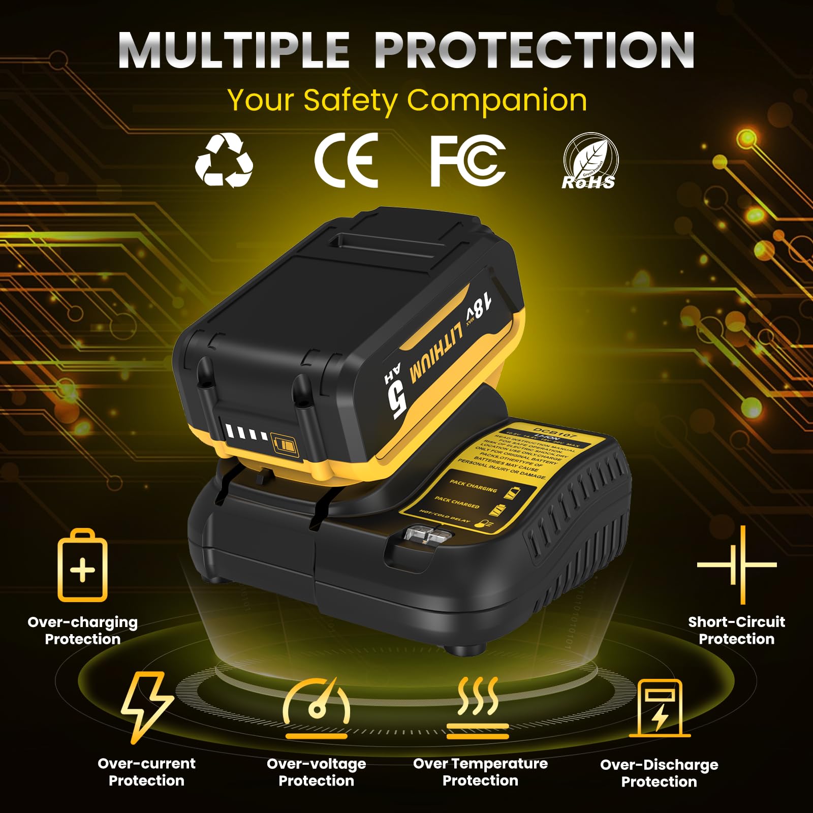 2 baterías de Repuesto de 18 V 5,0 Ah, compatibles para Dewalt + Cargador de 3 A DCB107, adecuadas para Dewalt los Cargadores de 10,8 V a 18 V DCB200 DCB200-2 DCB204 DCB120 DCB127