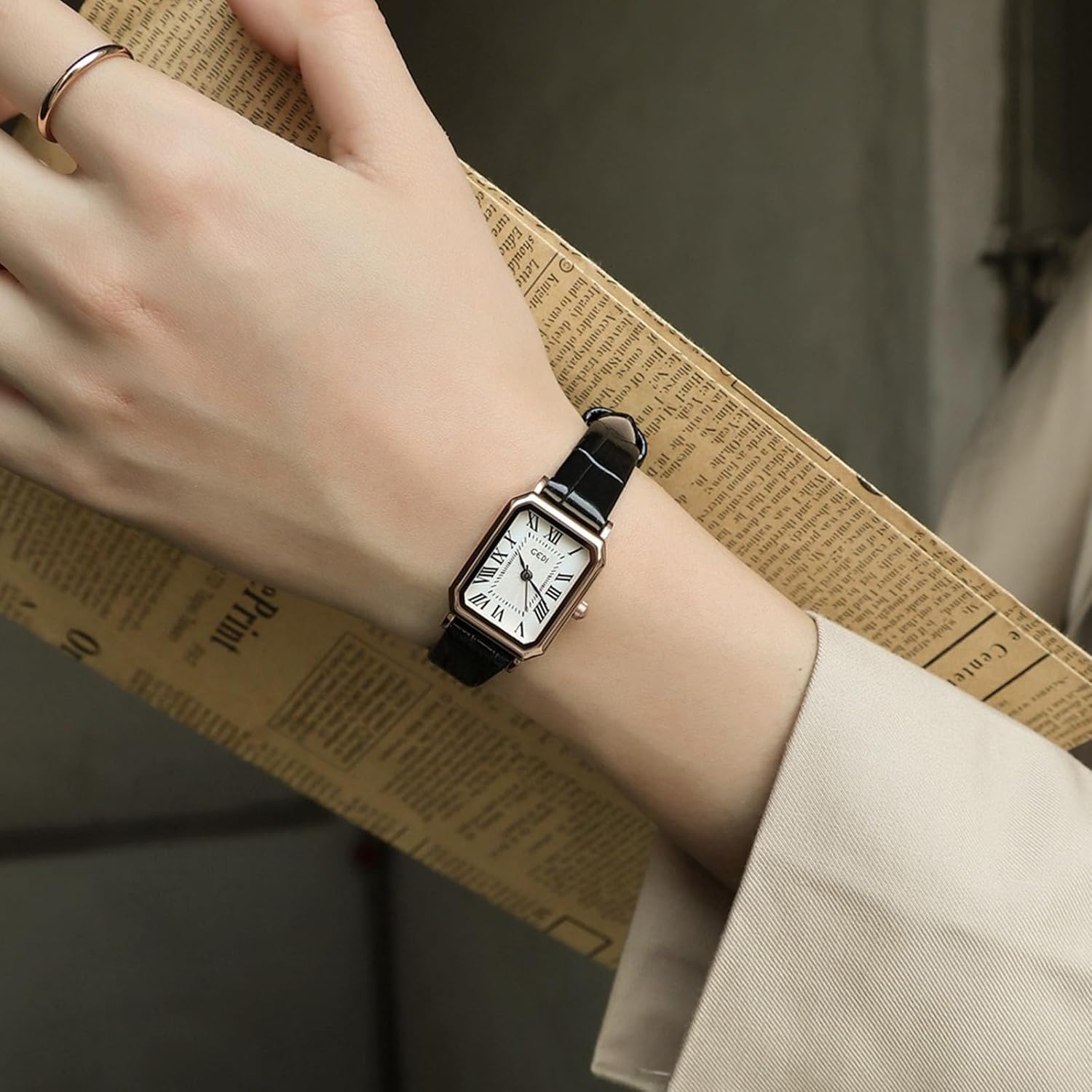 Vintage Watches for Women Elegant Rectangular Ladies Analog Quartz Dress Watch Dainty Female Small Bracelet Wristwatch with Genuine Leather Strap - Image 3