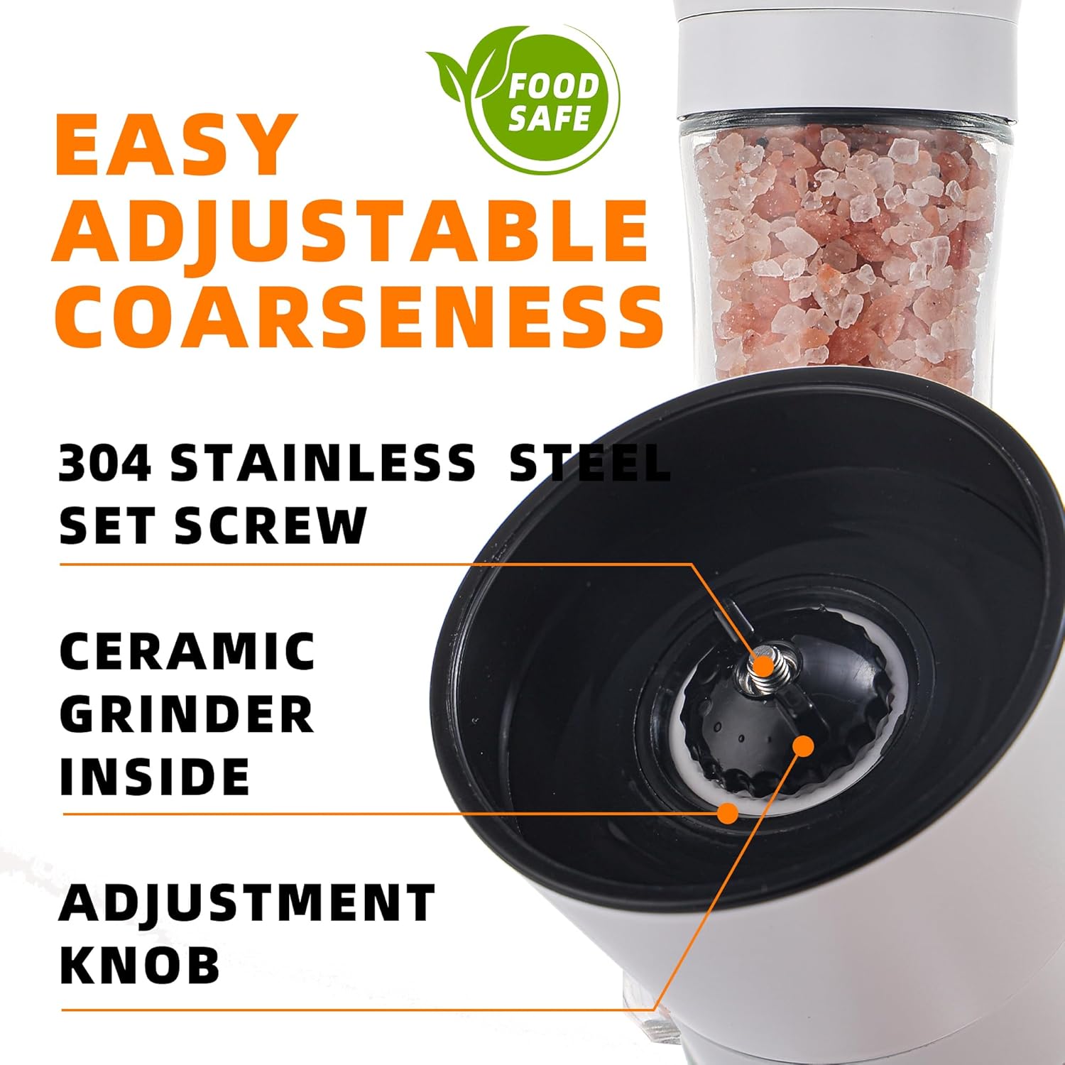 DAVIMADE Premium White Salt and Pepper Grinder Set of 2, Manual Adjustable Coarseness with Ceramic Blades - Stainless Steel Refillable Mills, Bonus Silicone Funnel