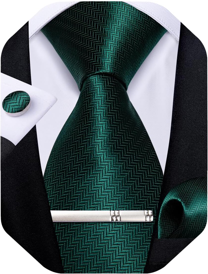 Mens Silk Necktie Solid Color Tie and Pocket Square Cufflink Tie Clip Set Woven Plain Ties for Men Wedding Party