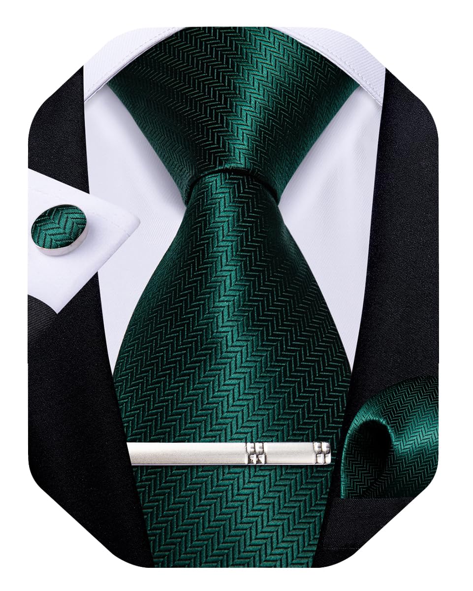 DiBanGu Mens Solid Emerald Green Tie and Pocket Square Cufflink Set Silk Formal Plain Green Necktie Wedding