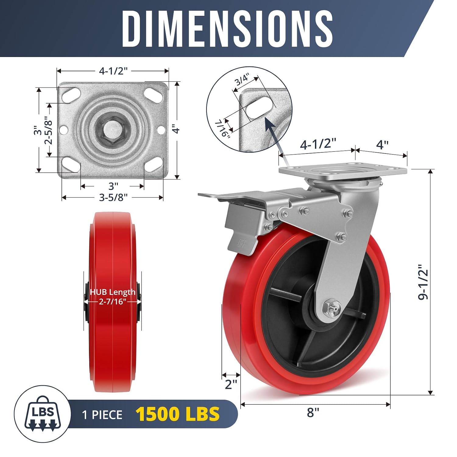 8'' X 2'' Industrial Casters-Polyurethane on Polyolefin Swivel Casters, Heavy Duty Casters with 1500 lb Capacity, Caster Wheels for Toolbox, Workbench, Industrial Equipment（12 Total Lock Brake）