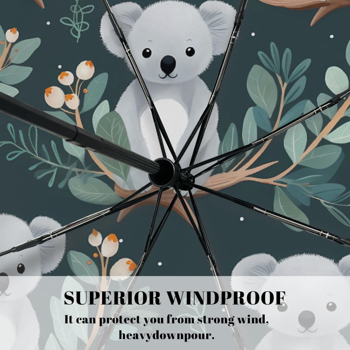 Cute Koala Branch Pattern Folding Umbrella Windproof Compact Lightweight Travel Umbrella with 8 Reinforced Ribs, Portable UV Sun & Rain Protection for Men & Women