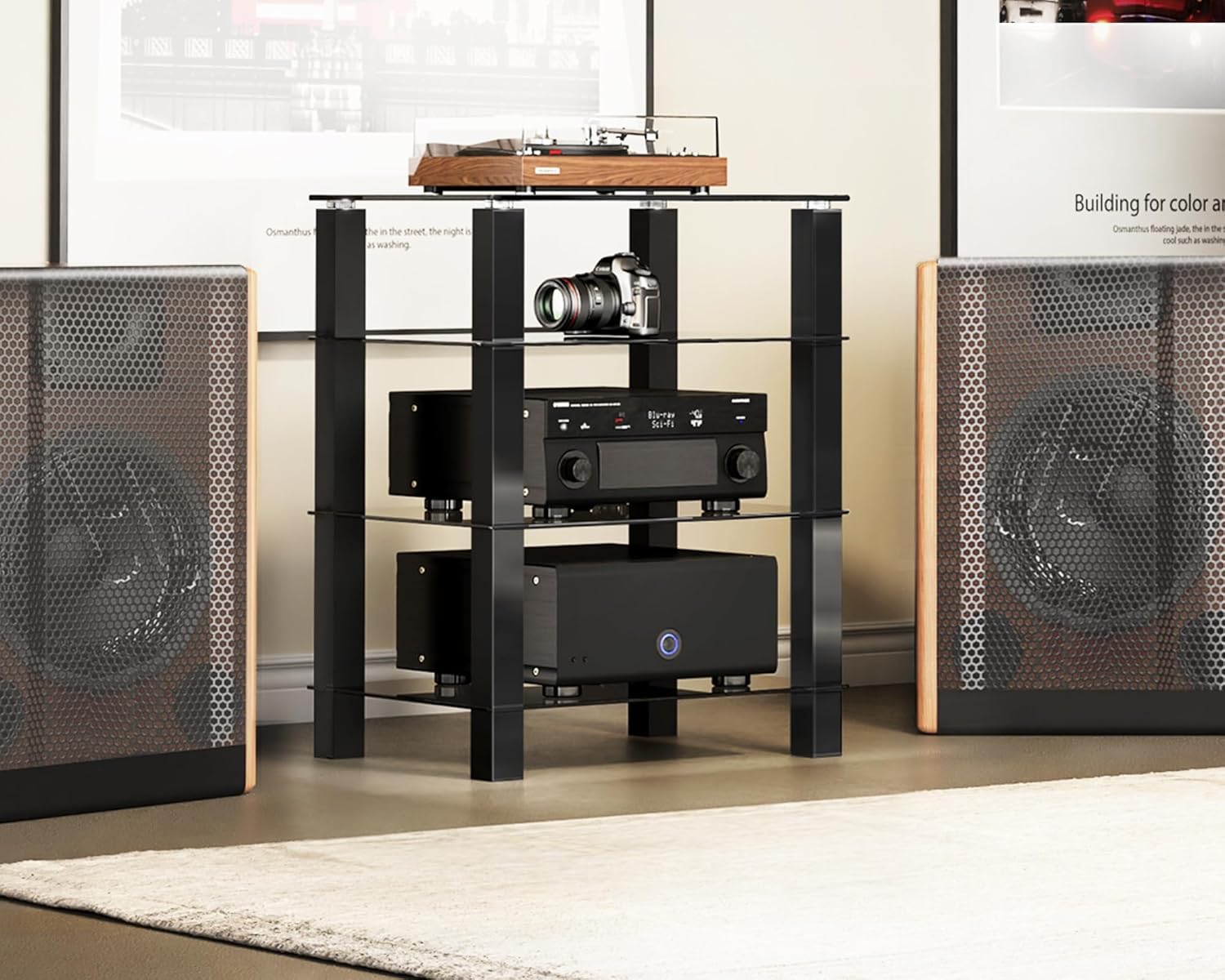 FITUEYES HiFi Rack AV półka 4-poziomowy szklany stojak na telewizor z półkami do przechowywania mediów ze szkła hartowanego, czarny