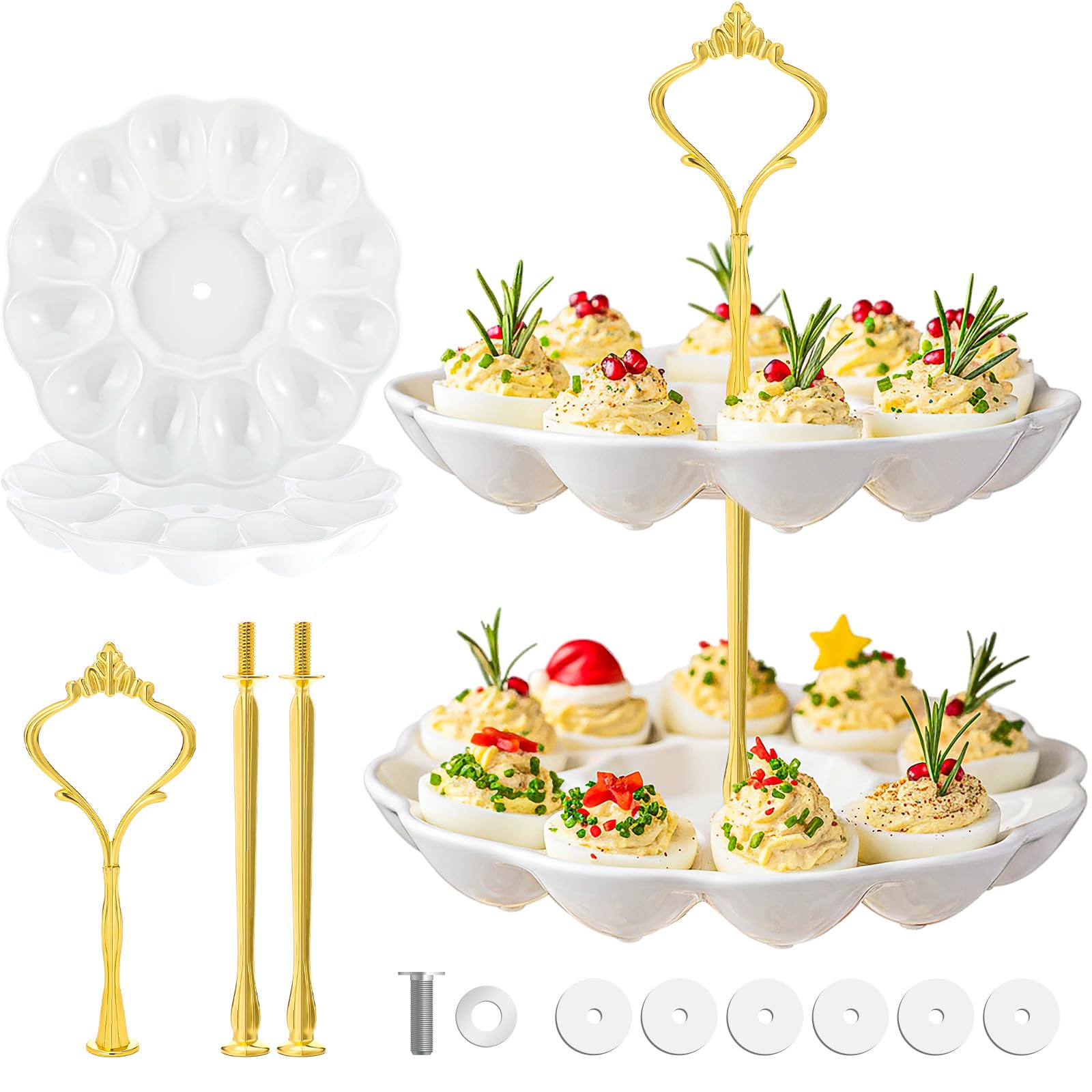 Photo 1 of 2 Tier Ceramic Easter Deviled Egg Platter 24 Hole Deviled Egg Tray Container, Detachable Eggs Holder Tower for Easter Party Food Container for Kitchen Countertop Microwave Dishwasher Freezer