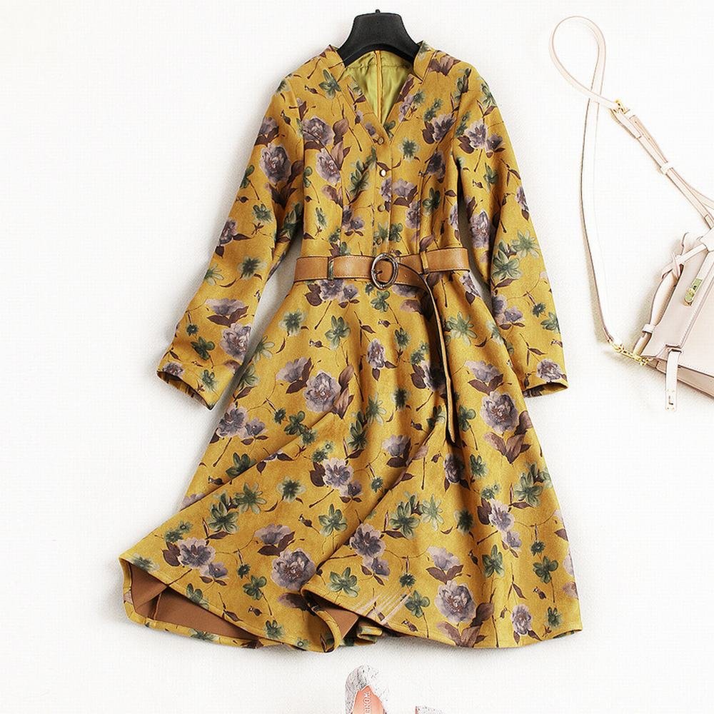 Robe vintage imprimée à col V LQZ avec ceinture pour sublimer vos sorties d'automne