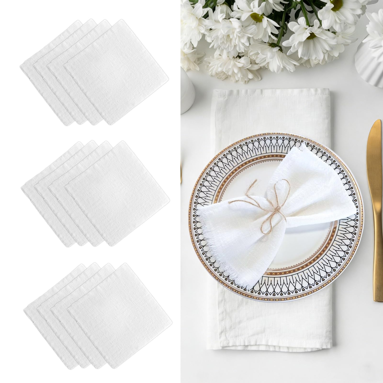 12 servilletas de tela con flecos, 32 x 32 cm, servilletas de lino de algodón, servilletas de lino blanco, para decoración de mesa, boda, cena