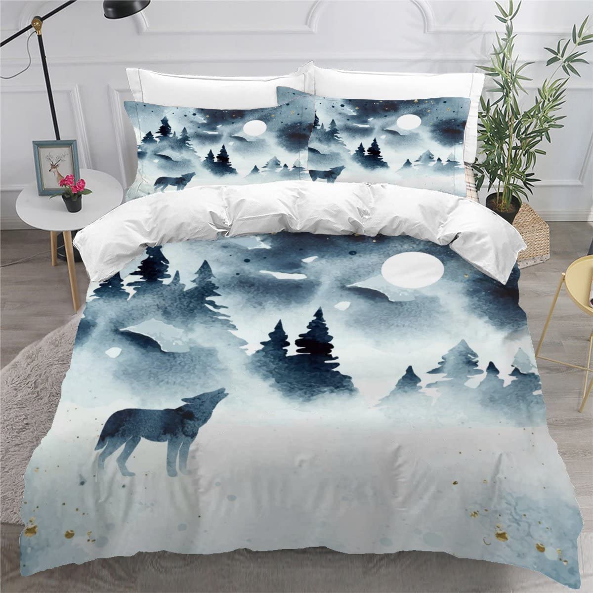 Housse de couette loup 240x260 pour une ambiance de forêt sous la pleine lune en hiver