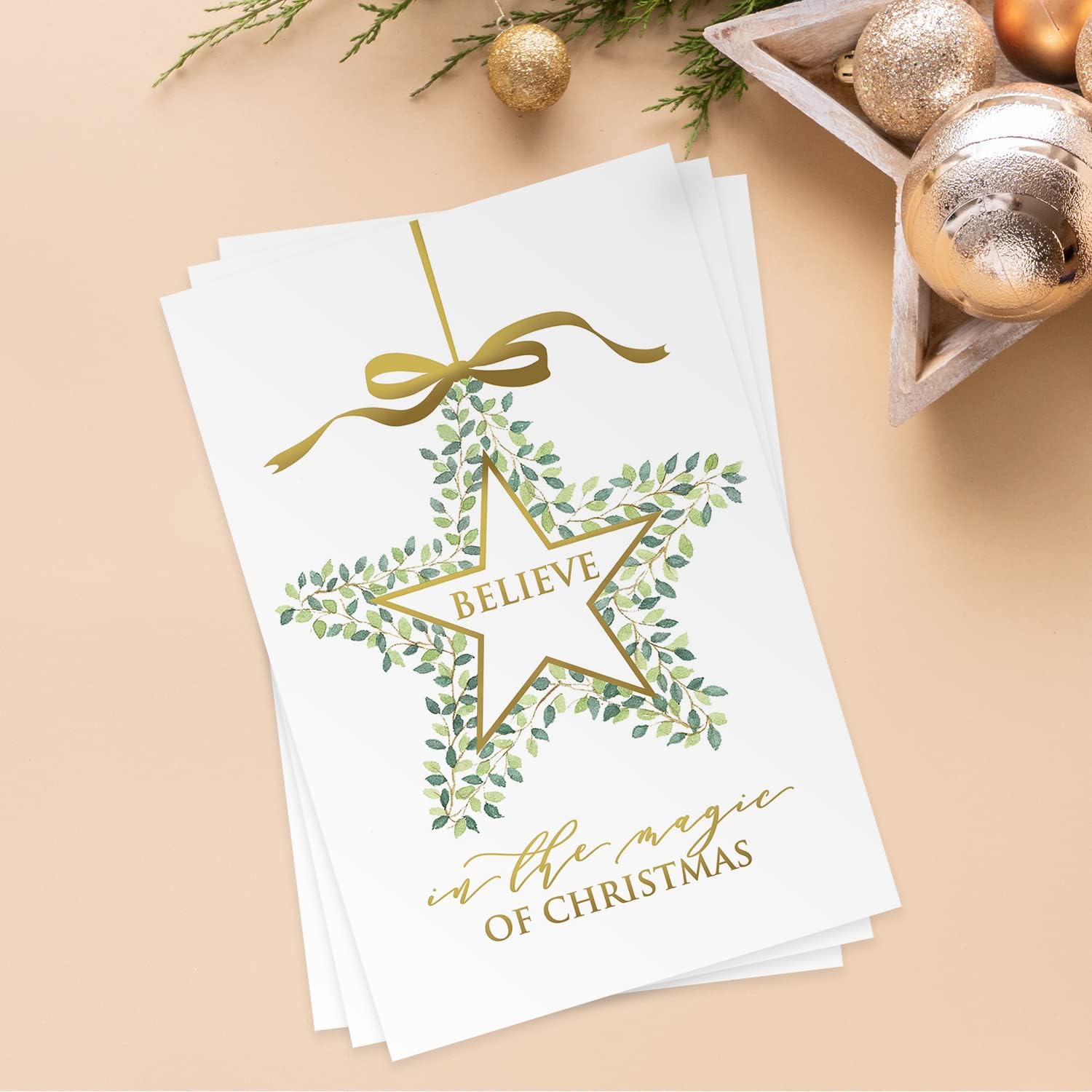 Magic Of Christmas Gold Foil Card Set / 16 Boxed Believe Star Seasonal Holiday Cards With Coordinating Gold Envelopes / 5 5/8" x 7 7/8" Folded Winter Greeting Cards With Inside Verse
