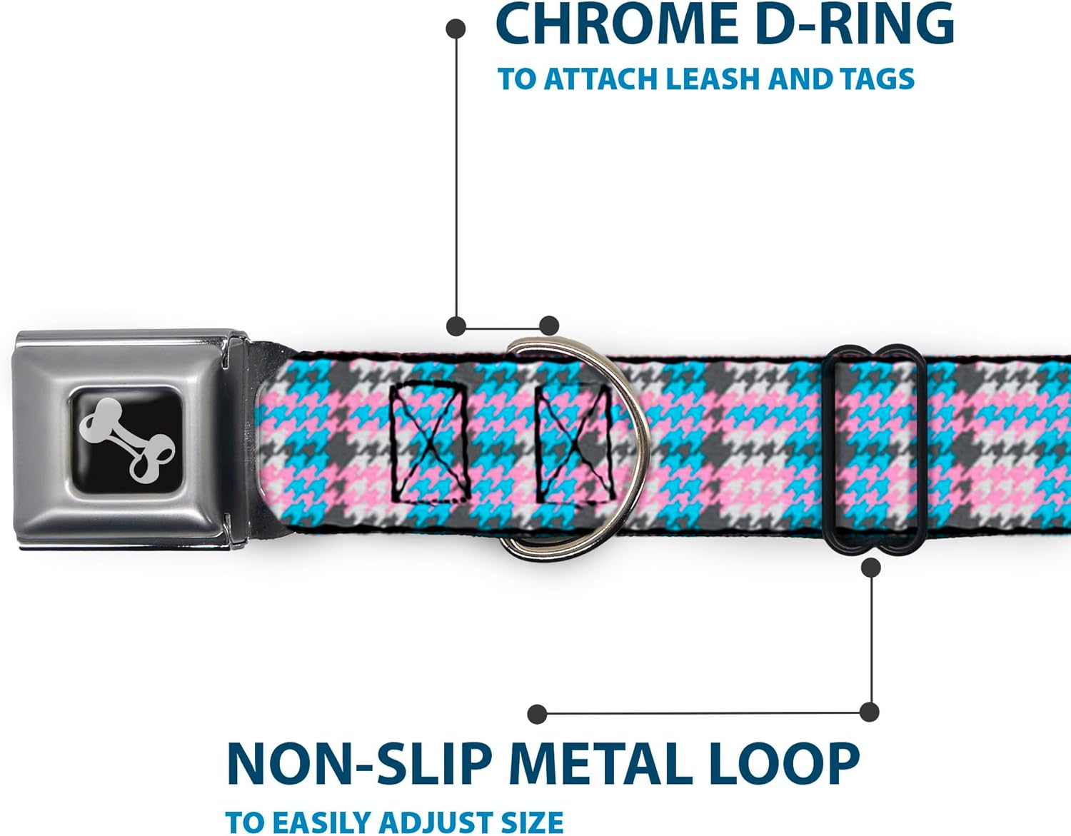 Buckle-Down Seatbelt Buckle Dog Collar - Mini Houndstooth Gray/Baby Blue/Pink - 1" Wide - Fits 11-17" Neck - Medium