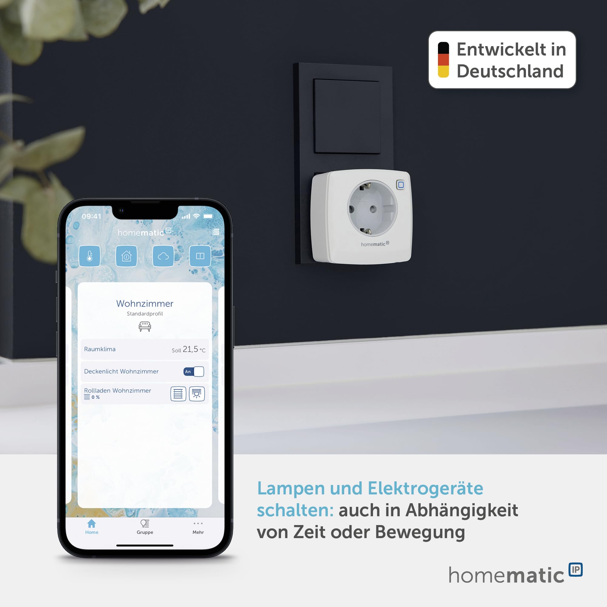 Homematic IP Schaltsteckdose, Smart Home, digitaler Zwischenstecker steuert Leuchten oder Elektrogeräte per App, Alexa & Google Home, Energie sparen, 157338A0