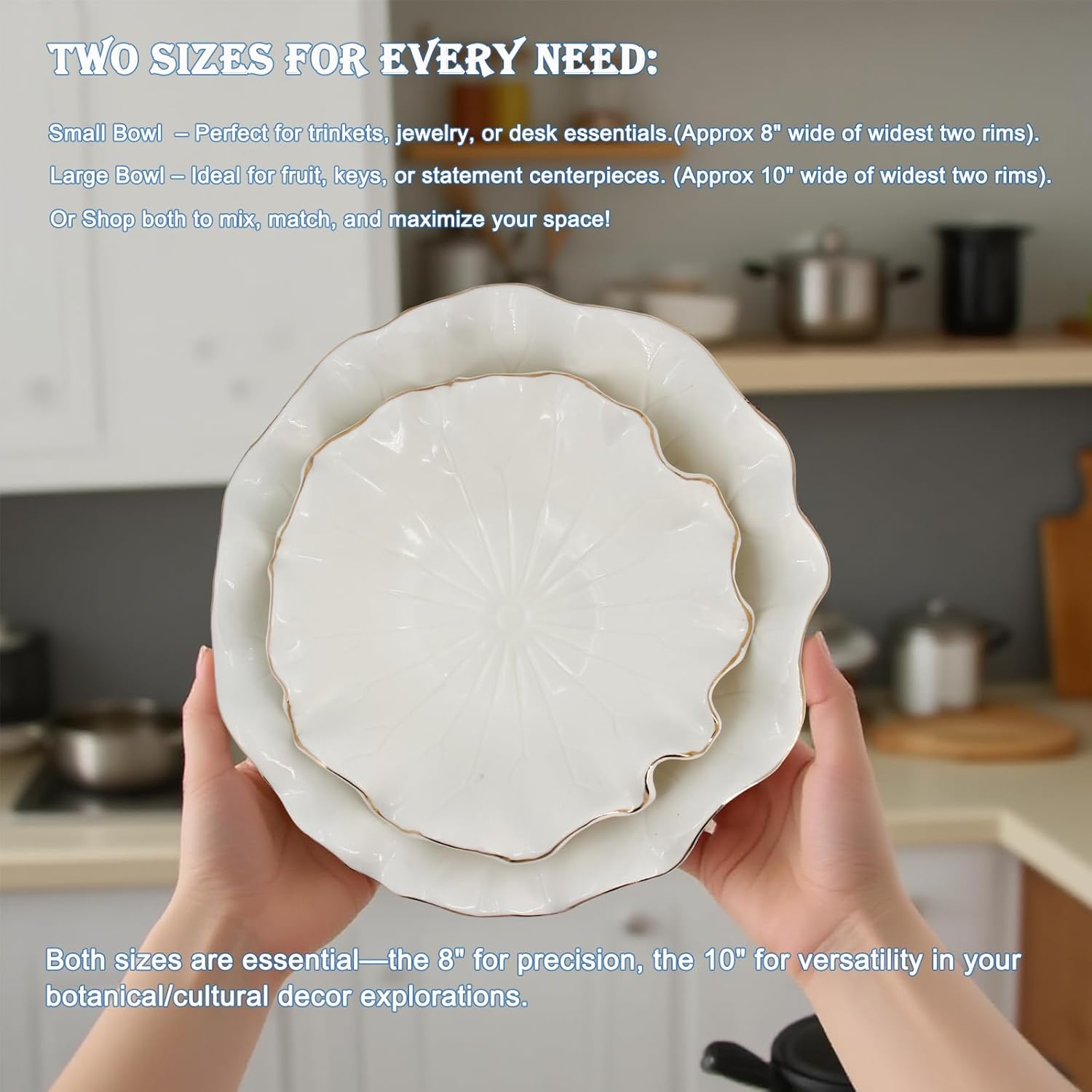 8 Inch Small Lotus Ceramic Decorative Bowl, about15 oz Capacity, Modern Ruffle Lotus Leaf with Gold TrimDesign,Decorative Centerpiece for Entryway Tables, Coffee Tables,Kitchen Counters