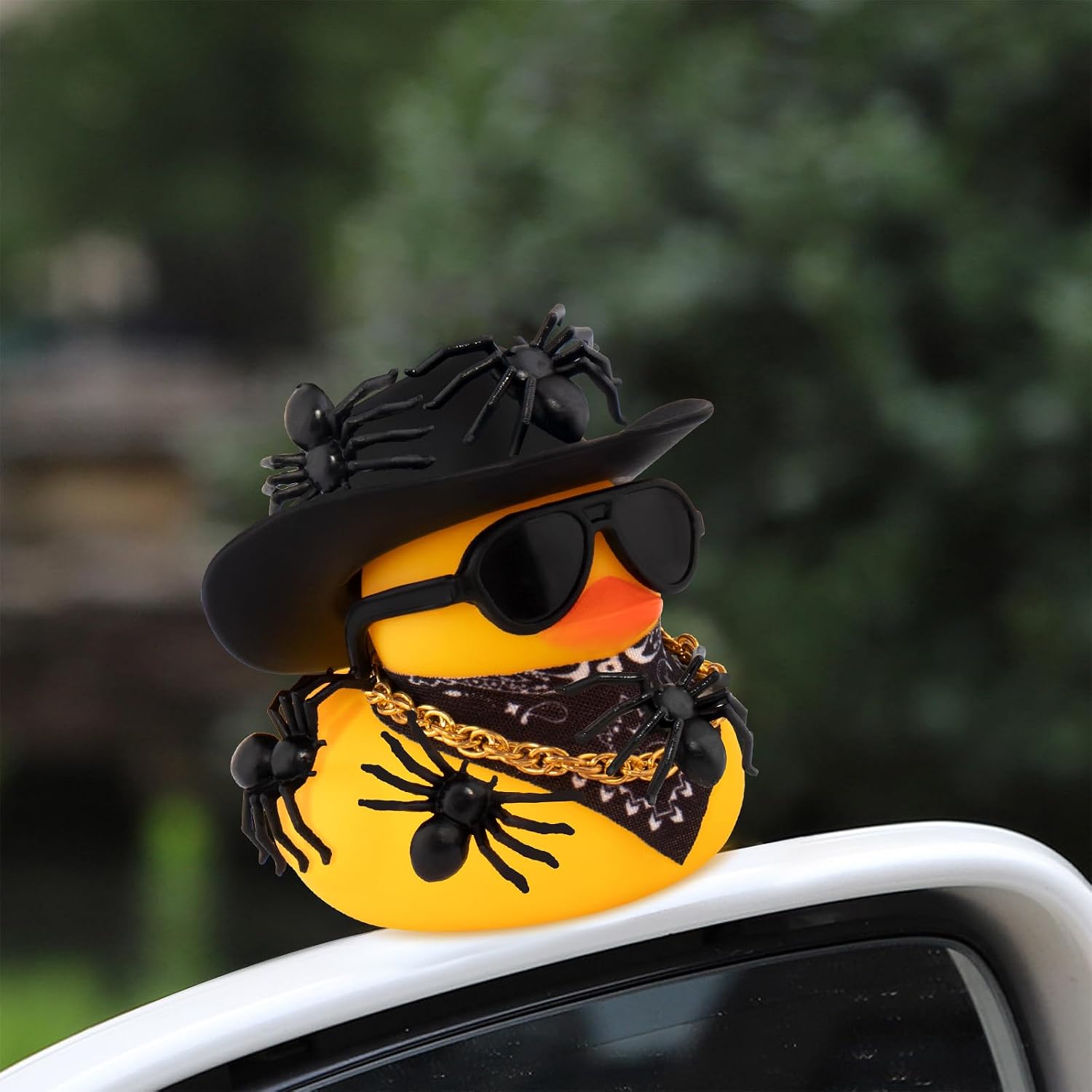 wonuu Car Dashboard Rubber Ducks for Halloween, Decorations Duck for Office Desk Ornament Accessories with Cowboy Hat Heart Glasses Spider Chain Scarf, for Halloween Party Gifts (Black)