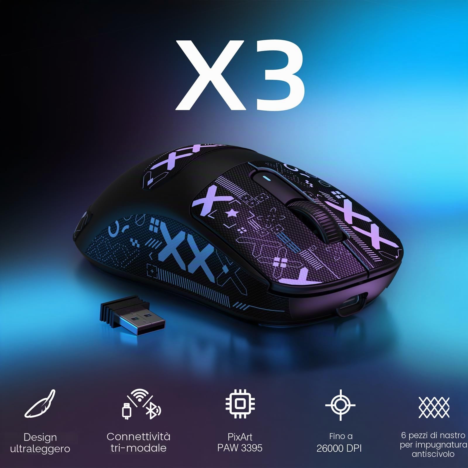 VGN GAMEPOWER ATTACK SHARK X3 SUPERLIGHT Mouse Gaming Wireless, 49g Ultraleggero Mouse da Gioco, PixArt PAW3395, 26,000 DPI, 2.4G/BT5.0/Cablato, Mouse Grip Tape, Durata Batteria 200Hrs, Nero