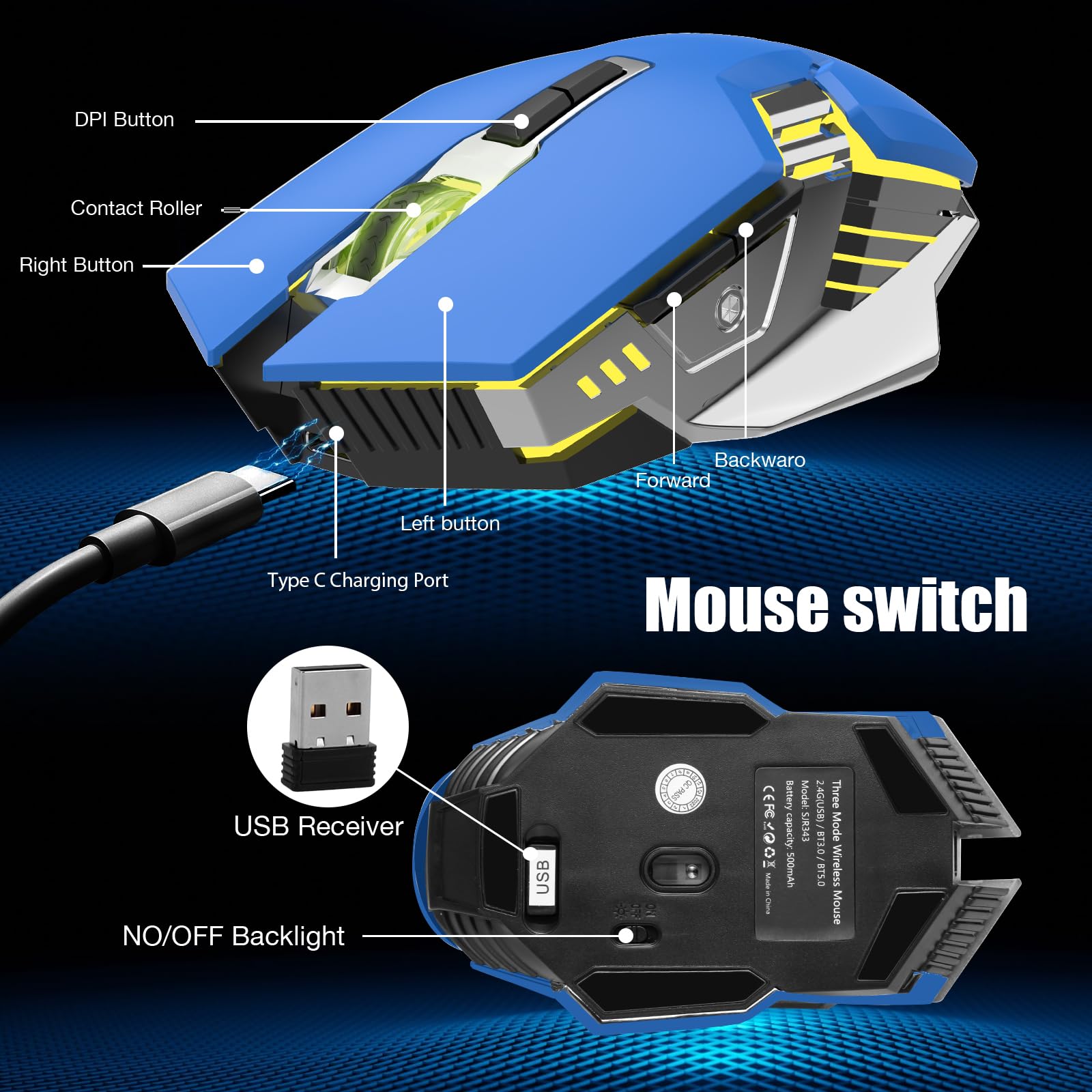 Mouse wireless da gioco, Bluetooth, silenzioso, multi dispositivo, 2400 DPI, retroilluminazione RGB, 800 mAh, ricaricabile, per computer portatile, PC, Mac, MacBook Air/Pro, iPad, Chromebook, giochi