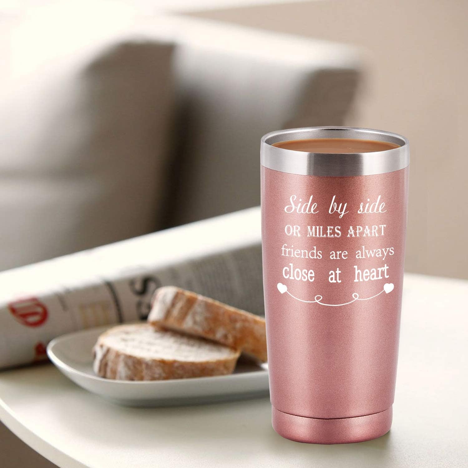 One-Day Sale: Up to 70% Off Friend Tumblers for Women Friends Friendship, Side By Side or Miles Apart Friends Are Always Close at Heart Travel Tumbler, 20 Oz Stainless Steel Insulated Tumbler, Rose Gold