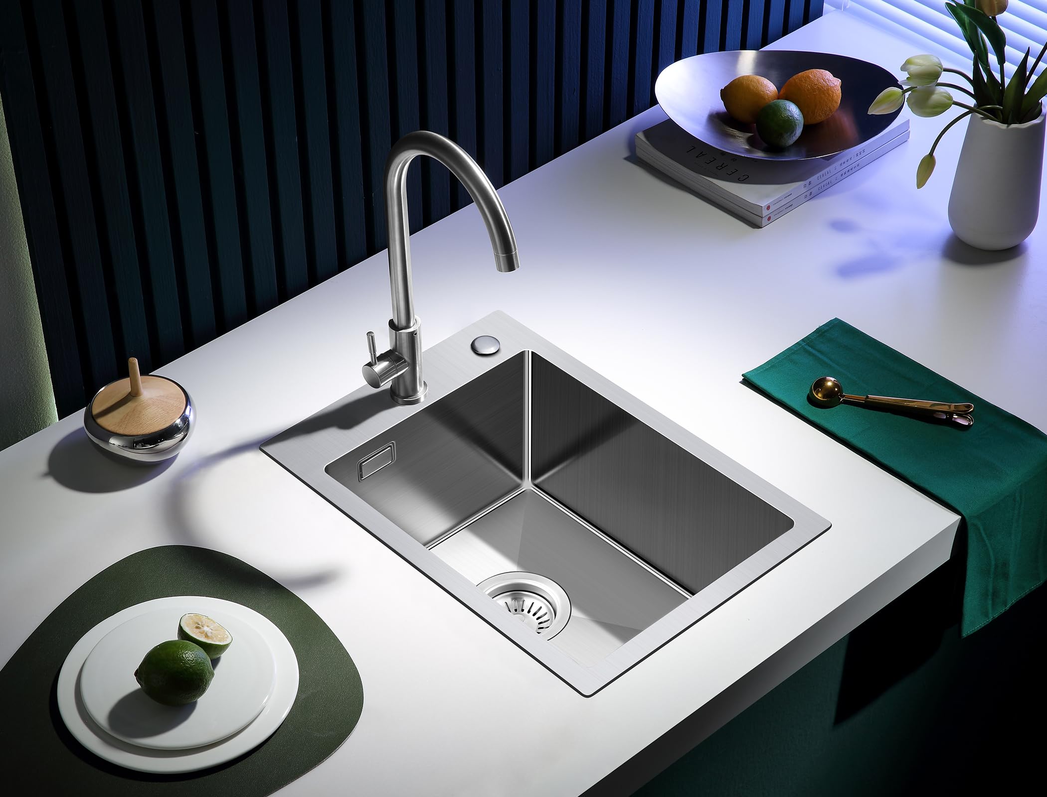 Lavello 304 in Acciaio Inox 35 x 50 cm, Lavello da Cucina Piccolo, Lavello da Incasso con Foro per Rubinetto e Scarico (Senza Sifone), Lavello da Cucina 1 Bacino Rettangolare, Lavello da