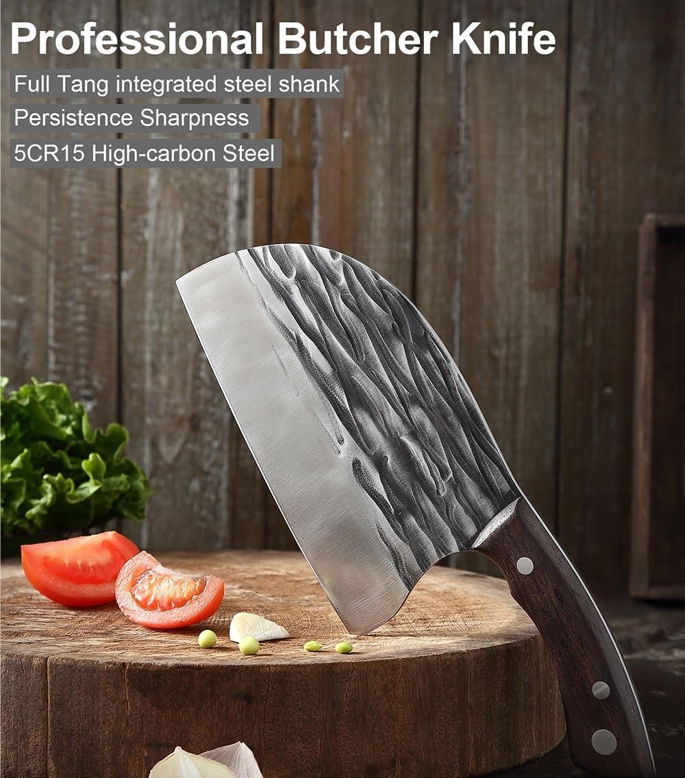 MAYIT Meat Cleaver Knife, 6.5 Inch Handmade Forged Chef Knife High-carbon Clad Steel Chinese Cleaver Kitchen Knives Wooden Handle Sharp, MAYiT5475