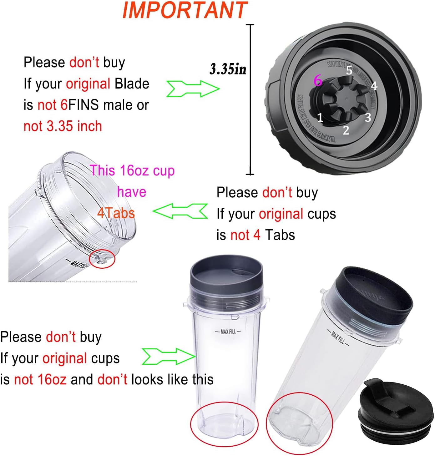 Replacement Parts for Nutri Ninja, 6Fin Blender Male Blade and cups Set for Blender BL660 BL770 BL780 BL740 etc. (5-pack)