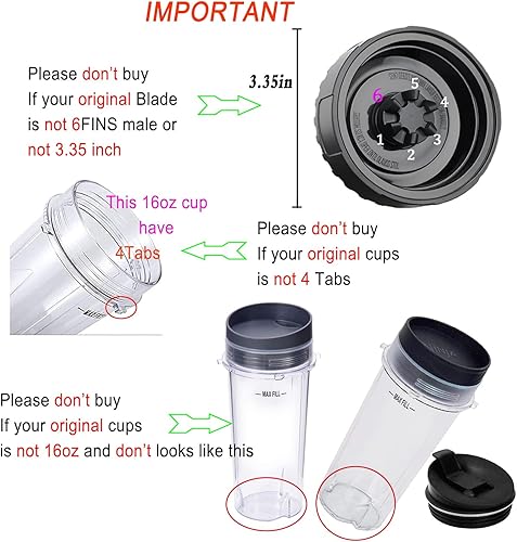 Miniatura 4 de Piezas de repuesto para Nutri Ninja, batidora de 6 aletas macho y tazas para licuadora BL660 BL770 BL780 BL740, etc. (paquete de 5)