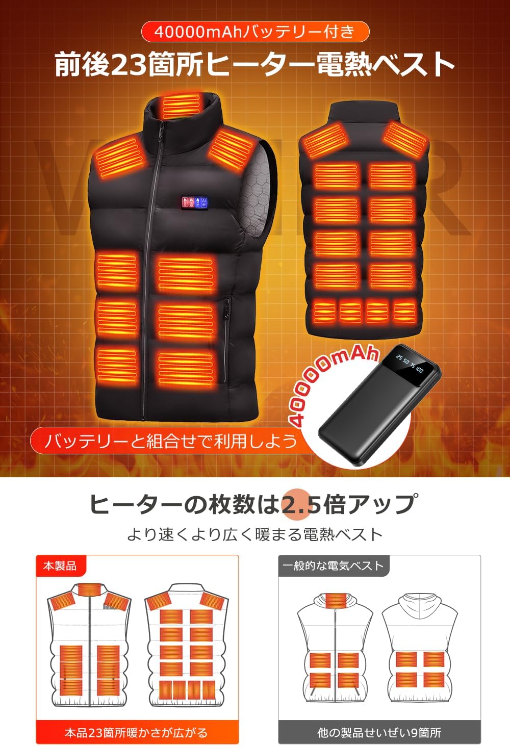 タグ付き新品　電熱ベスト 23箇所発熱 40000mAh大容量バッテリー付 XL Amazon | [Fomte] 電熱ベスト 【23箇所発熱 前後独立&一斉に制御可能