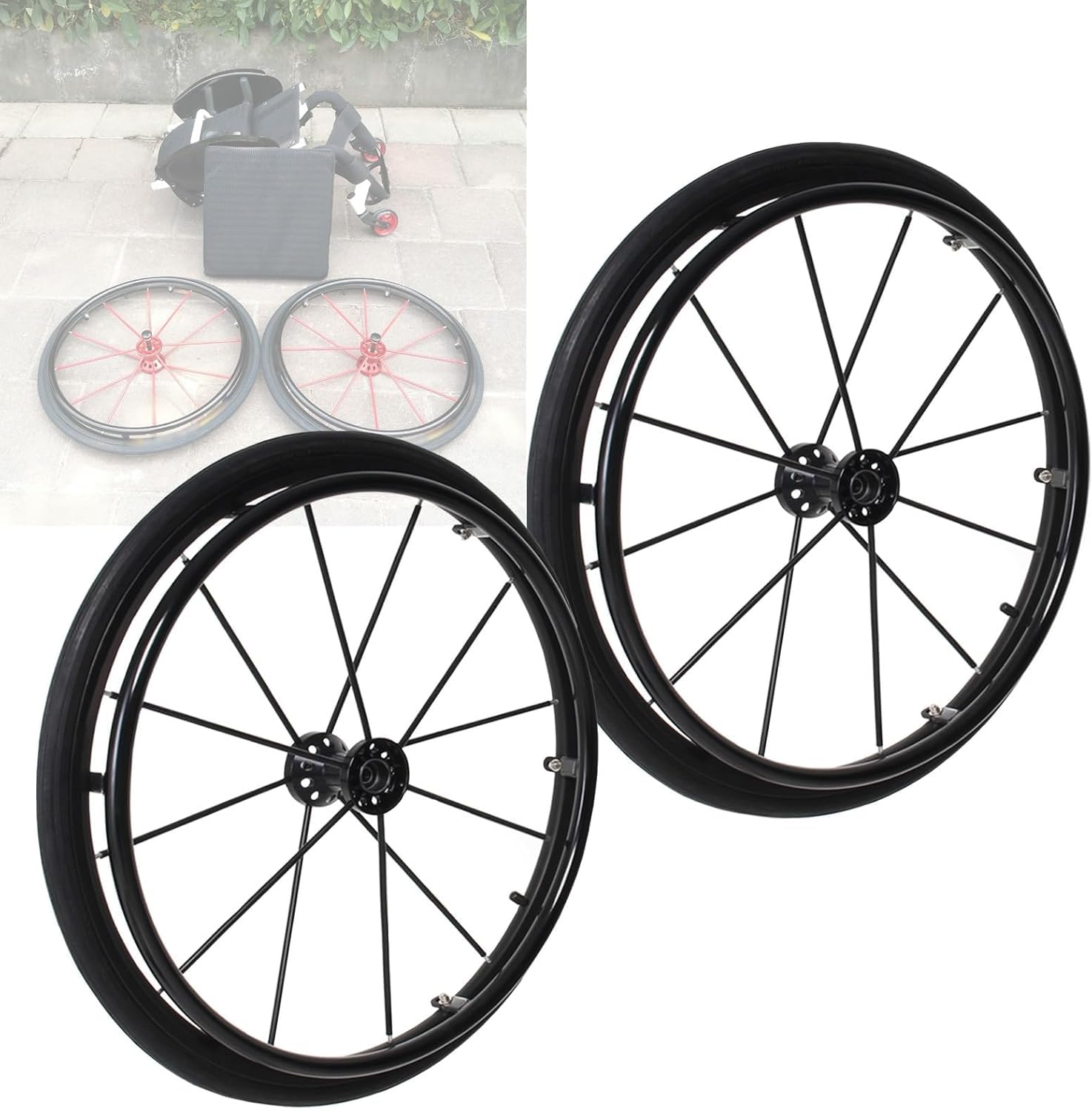 Ruedas Manuales para Sillas De Ruedas Ruedas De Repuesto De 24" Ruedas Traseras para Sillas De Ruedas 2 Piezas Ruedas De Liberación Rápida con Cojinete, Cubo De Rueda De ALU, Black, One Size