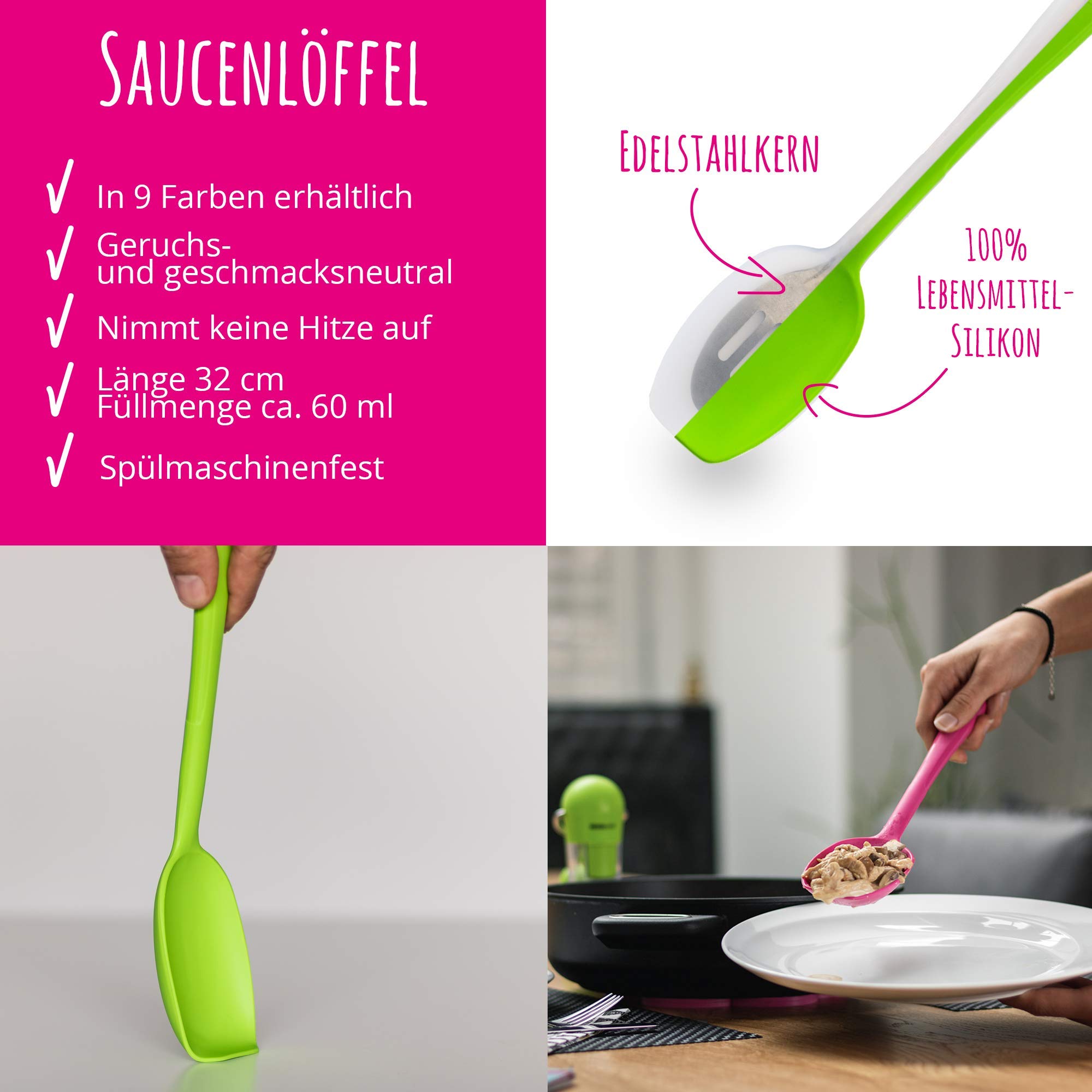 Kochblume Küchenhelfer Set, 5-teilig, Flexwender, Saucenlöffel, Schaumlöffel, Pastalöffel, Schöpflöffel | Premium Premium-Silikon & BPA freimit Edelstahlkern (rot)