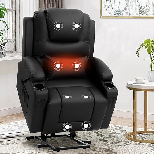 IPKIG Power Lift Recliner Chair for Elderly with Massage and Heated, PU Leather Electric Recliner Chair with USB Ports, Remote Control, Cup Holders & 4 Side Pockets for Home Living Room (Black)