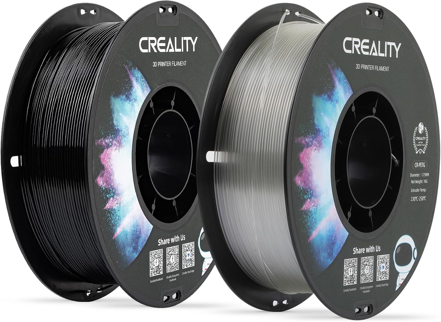 Creality 3D Printer Filament Bundle, PETG Filament 1.75mm, PETG Black & Transparent 2-Pack, 3D Printing Filament 1kg X 2 Spools