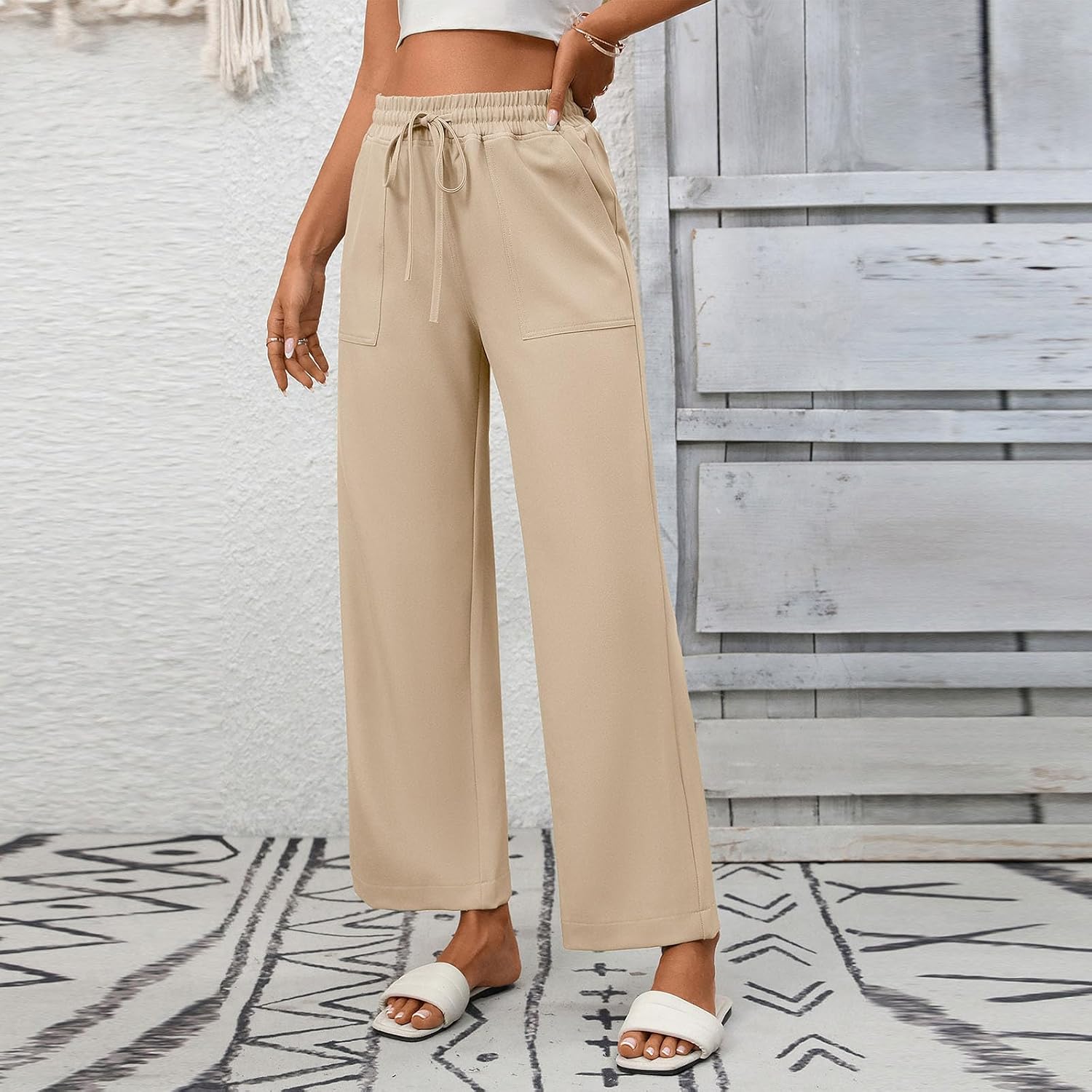 Wide Leg Palazzo Pants for Women Casual Loose Drawstring Vacation Beach Cotton Linen Trousers with Pockets