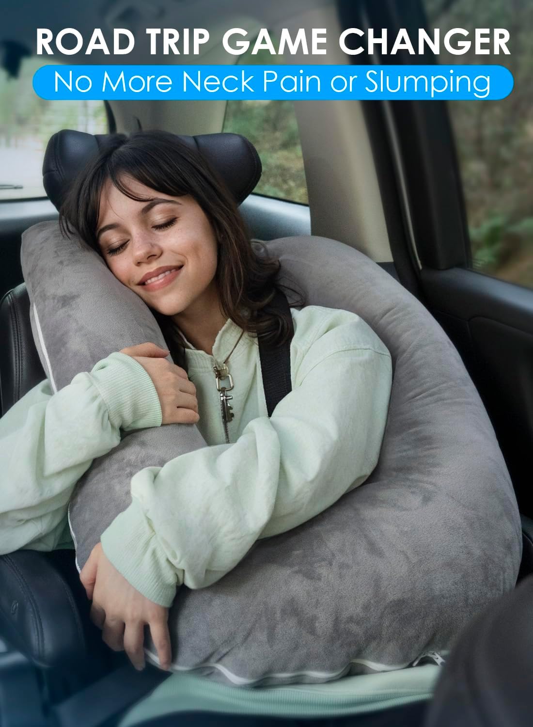QUEEN ROSE Car Travel Pillow for Sleeping, Adjustable Head Support for Adults & Kids, Breathable Soft Neck Cushion for Road Trips, Machine Washable Cover, Grey - Image 2