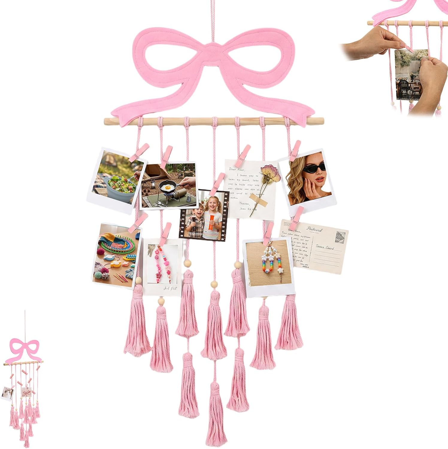 Pink Bow Hanging Photo Display with 30 Wooden Clips, Macrame Wall Hanging Picture Holder for Girls Bedroom Decor, Cute Coquette Preppy Bowknot Photo Collage Frame Organizers Teen Girl Gifts