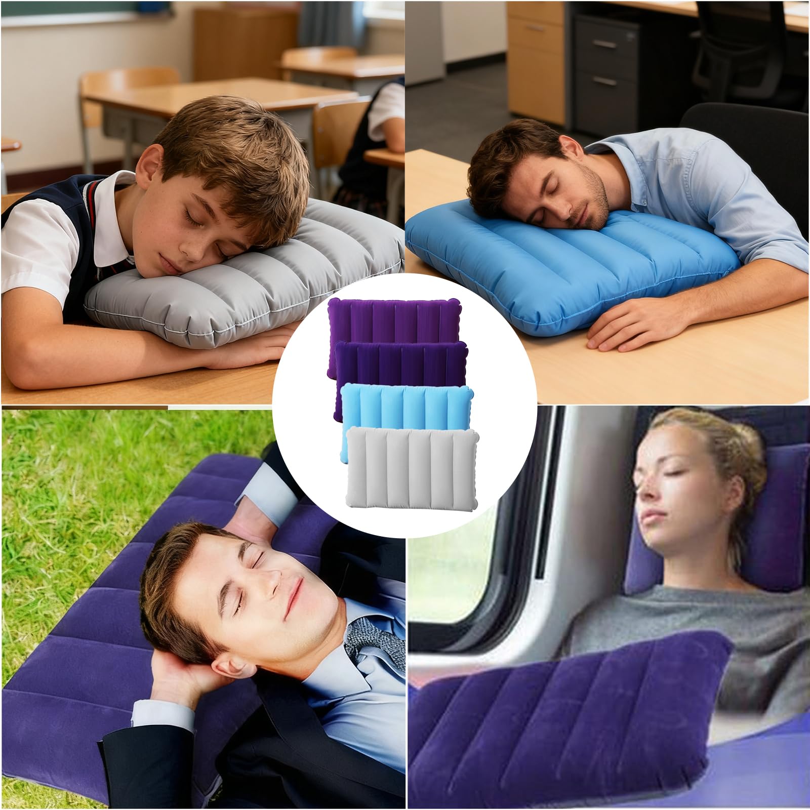 4 Pezzi Cuscino da Viaggio Gonfiabile, 47x30 cm Cuscino Aereo da Viaggio Floccata, Cuscino da Esterno, Cuscino Gonfiabile per Dormire per Campeggio Spiaggia Escursioni Pieghevole