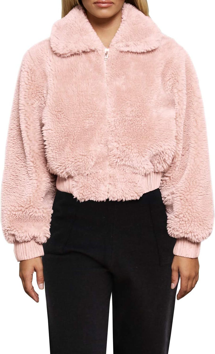 FANCYINN Womens Teddy Cropped Faux Fur Jacket Furry Lapel Coat Zip Up With Pockets Warm Winter