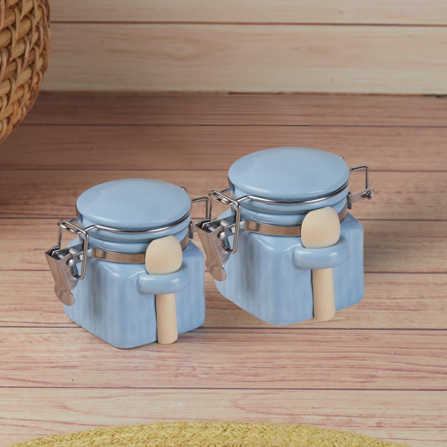 Kookee Ceramic Airtight Mini Canister Jar and Container for Kitchen Food Storage, Used to Store Candy, Salt, Pepper, Coffee, Tea, Sugar (Pack of 2) (150ml each) (11548)