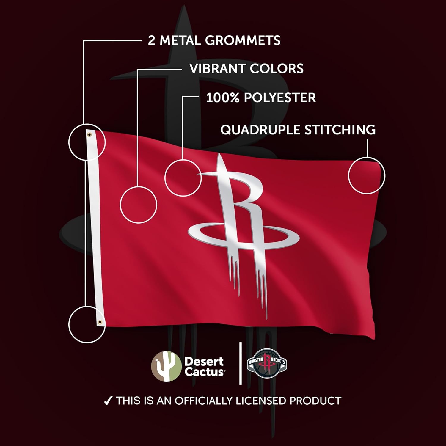 Desert Cactus Houston Rockets Flag NBA 100% Polyester Indoor Outdoor 3x5 feet National Basketball Association Team Flags (Flag #1) - Image 4