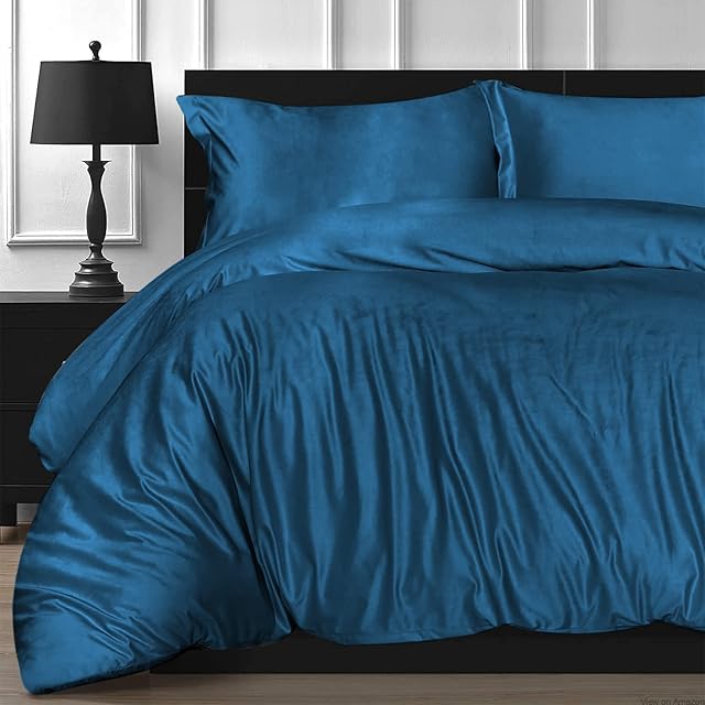 Oxford Homeware Double Duvet Cover Set- Crushed Velvet Double Bedding Blue Duvet Covers Double + 2 Pillowcases