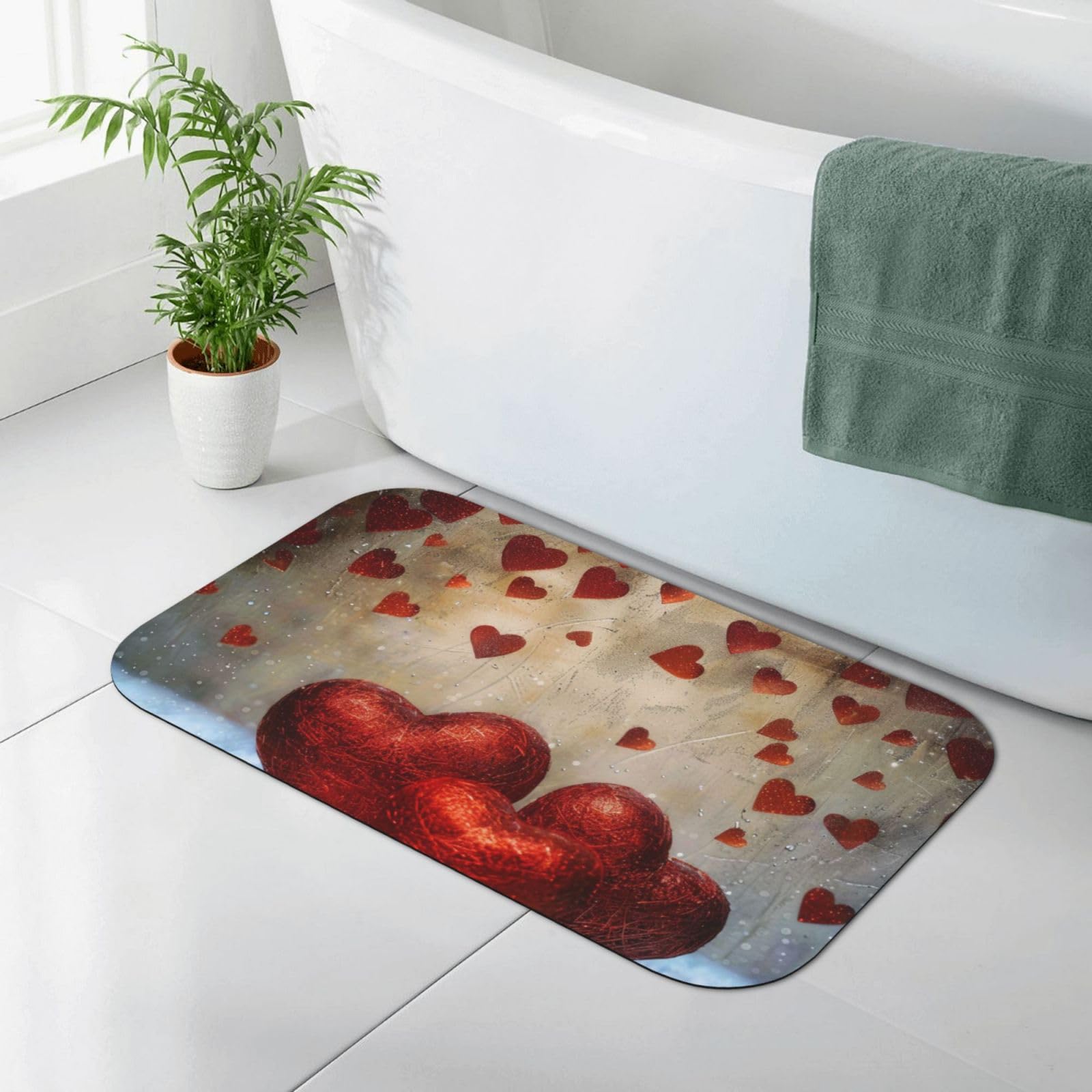 Tapis de salle de bain antidérapant 80x50 cm absorbant, tapis de douche motif cœurs rouges