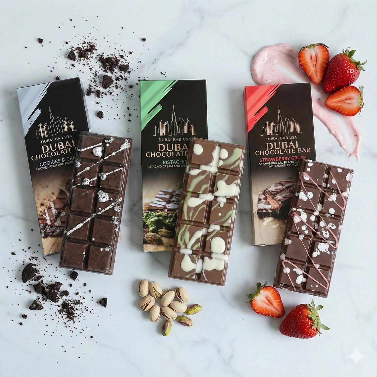 Dubai Chocolate Bar Cookies & Cream and Strawberry Crush 12 Pack Bundle, Premium Chocolate with Crispy Kataifi Filling, Knafeh Dessert, Made in USA (12 Bars 2.47oz each)