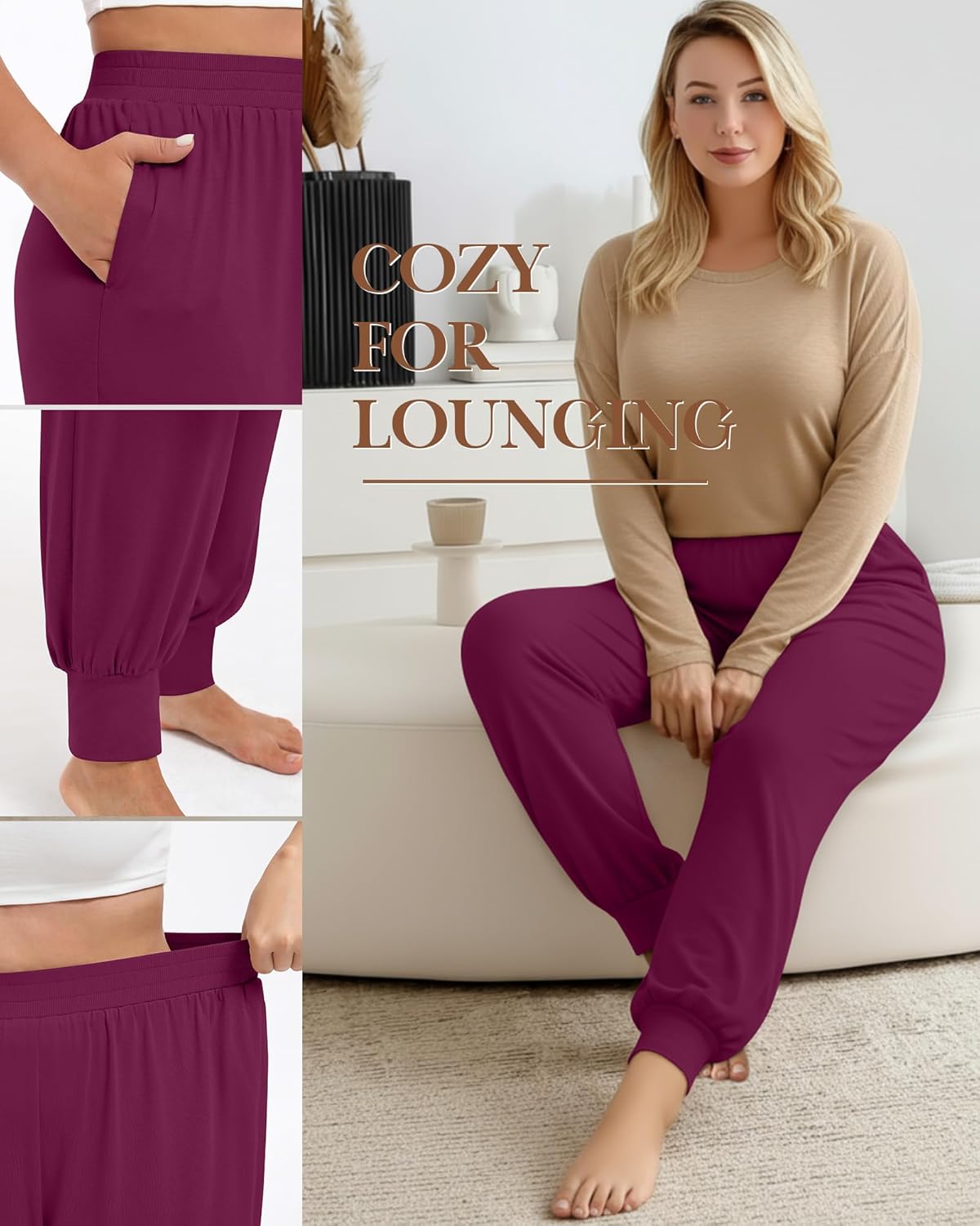 3 Pack Women's Plus Size Yoga Joggers, Comfy High Waisted Lounge Pants Loose Casual Sweatpants Pajama with Pockets - Image 4