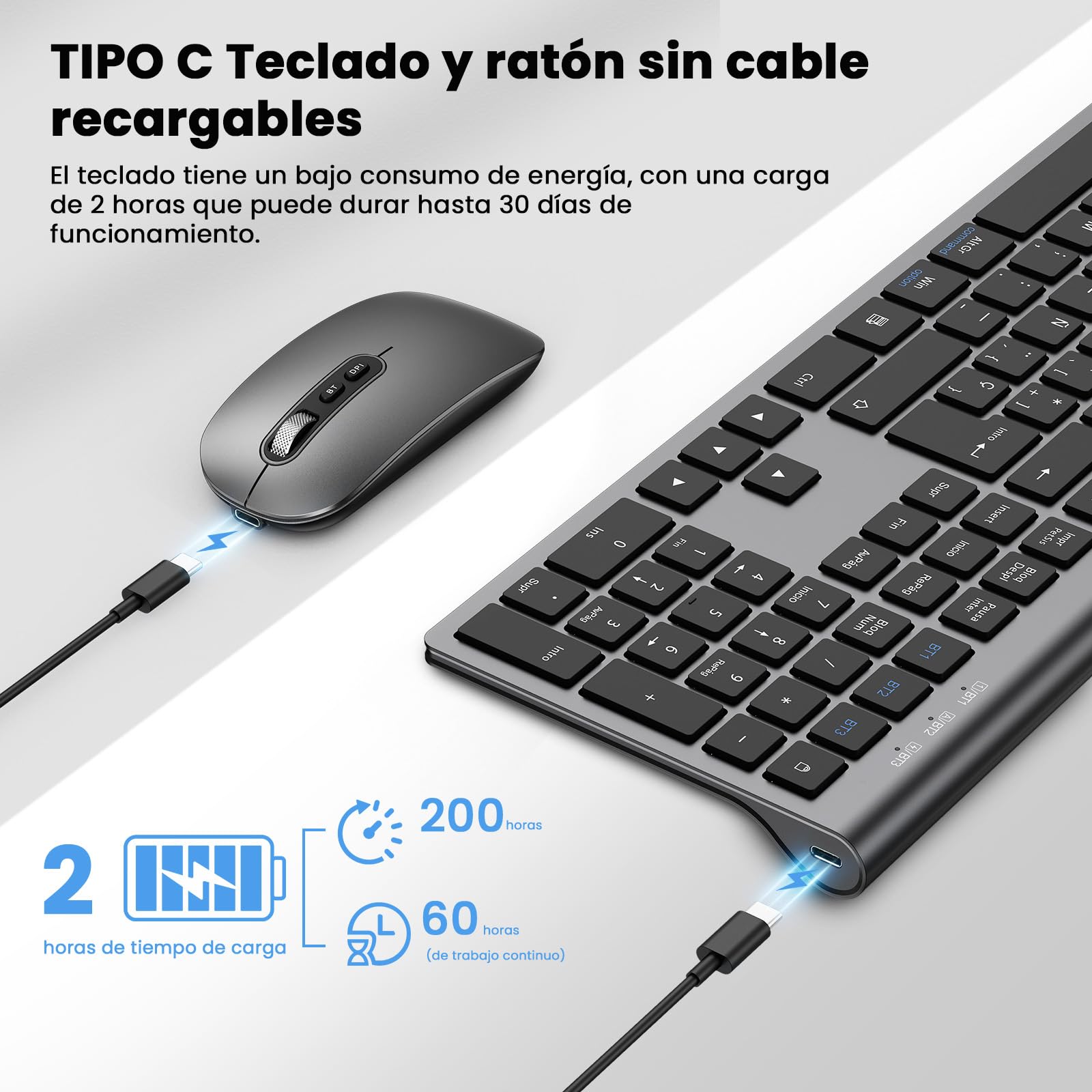 Teclado y Ratón Inalámbrico Bluetooth- cimetech Teclado y ratón Recargable, QWERTY Español Layout, Teclado de diseño ergonómico, Ultrafino para Ordenador/PC/portátil/Windows 10(Gris)