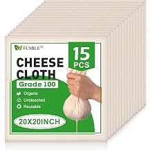 15 PCS Cheese Cloths for Straining, 20x20 Inch, Organic Cotton Cheese Cloths Unbleached, Cheesecloth Reusable With Hemmed Edge for Straining Liquid, Cheese Making,Juicing,Baking and Cooking.