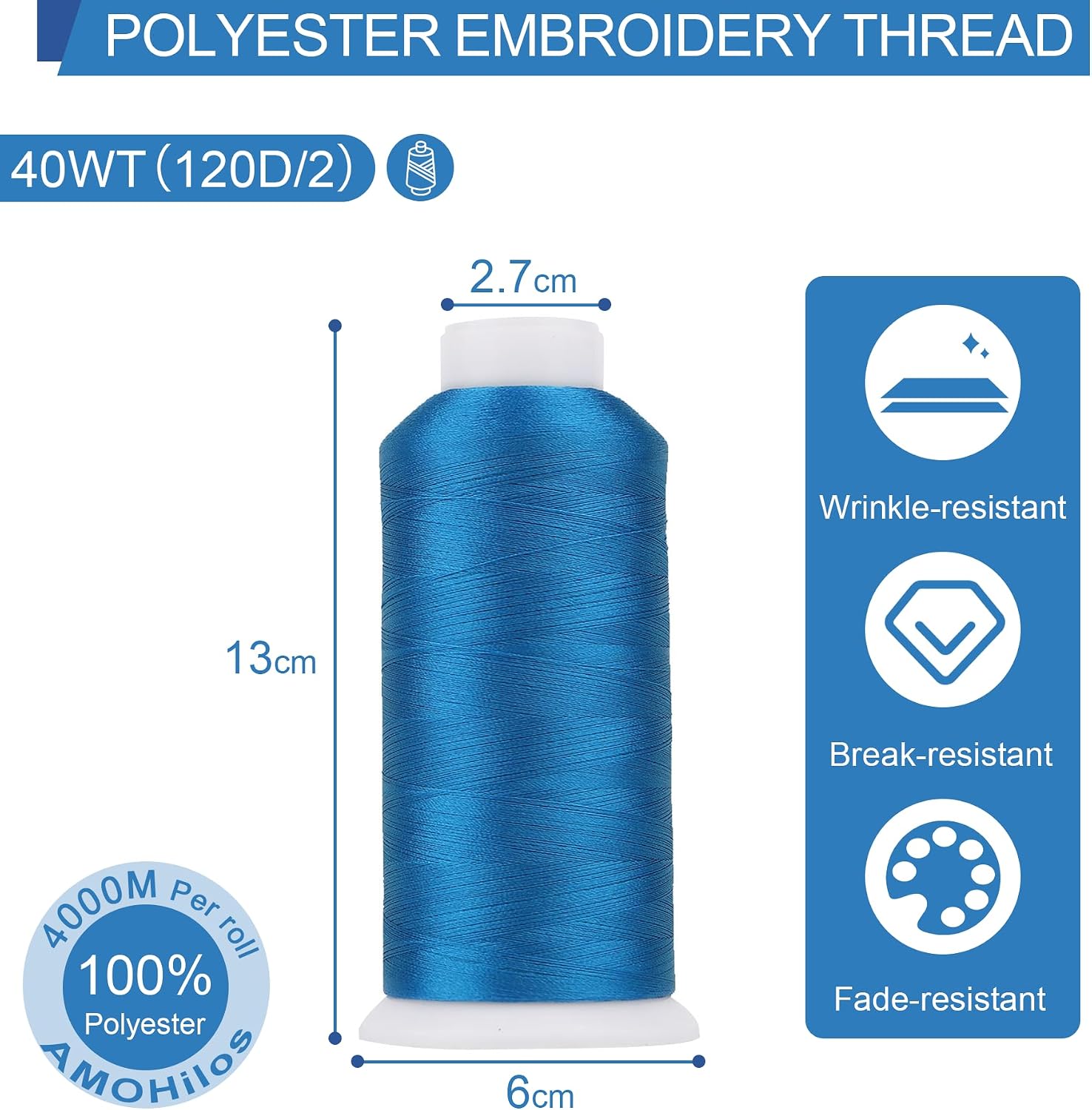 High Tenacity Polyester Embroidery Machine Thread 40WT(120D/2) 4000M Per Spool for Commercial and Domestic Embroidery Machine (Calypso Blue-1797) image 3