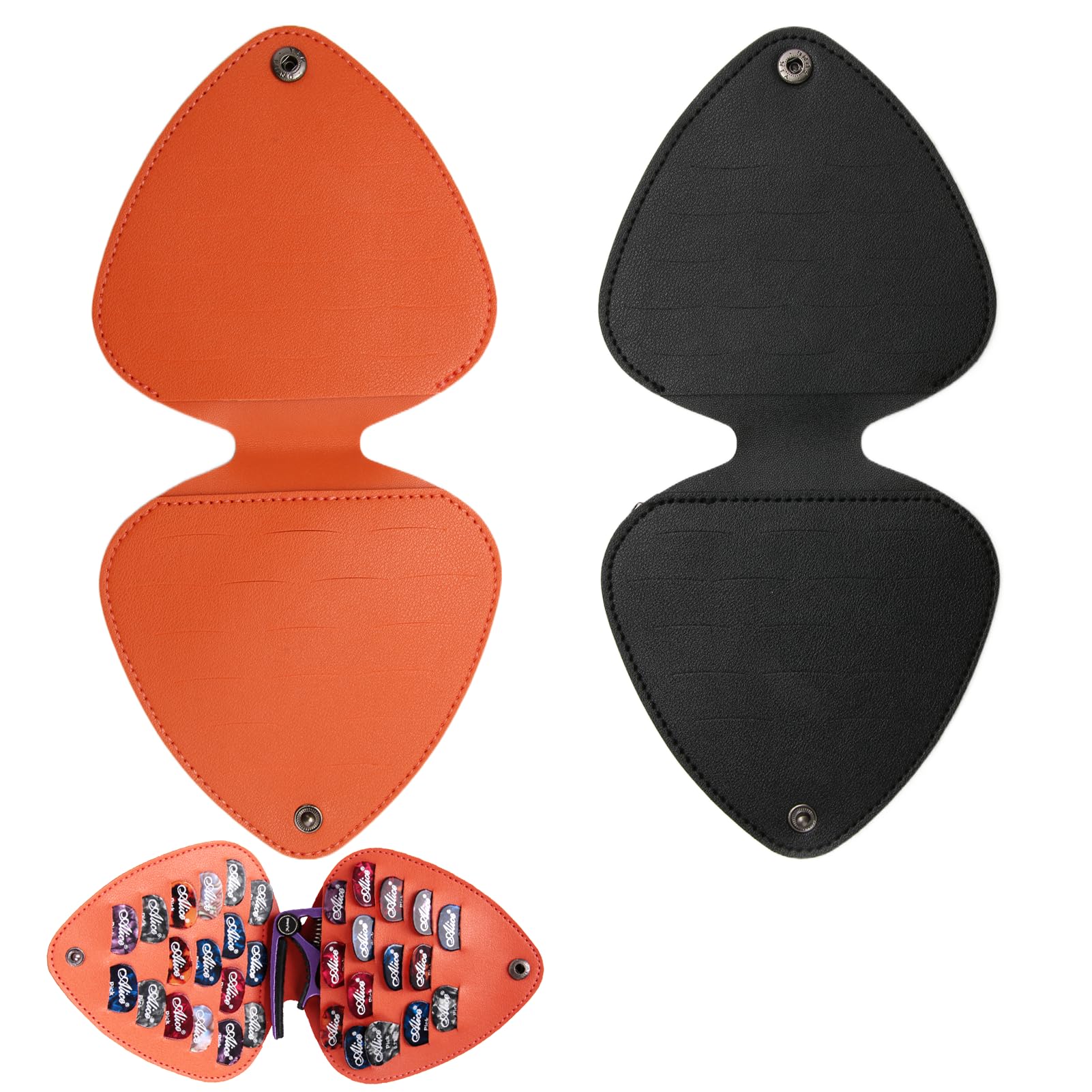 Leather Guitar Pick Holder with Metal Button,PU Leather Picks Organizer Holder Case Hold up to 32 Plectrums, Acoustic Electric Guitar Accessories Stuff 2Pcs Brown,Black(Not Included Plectrums)