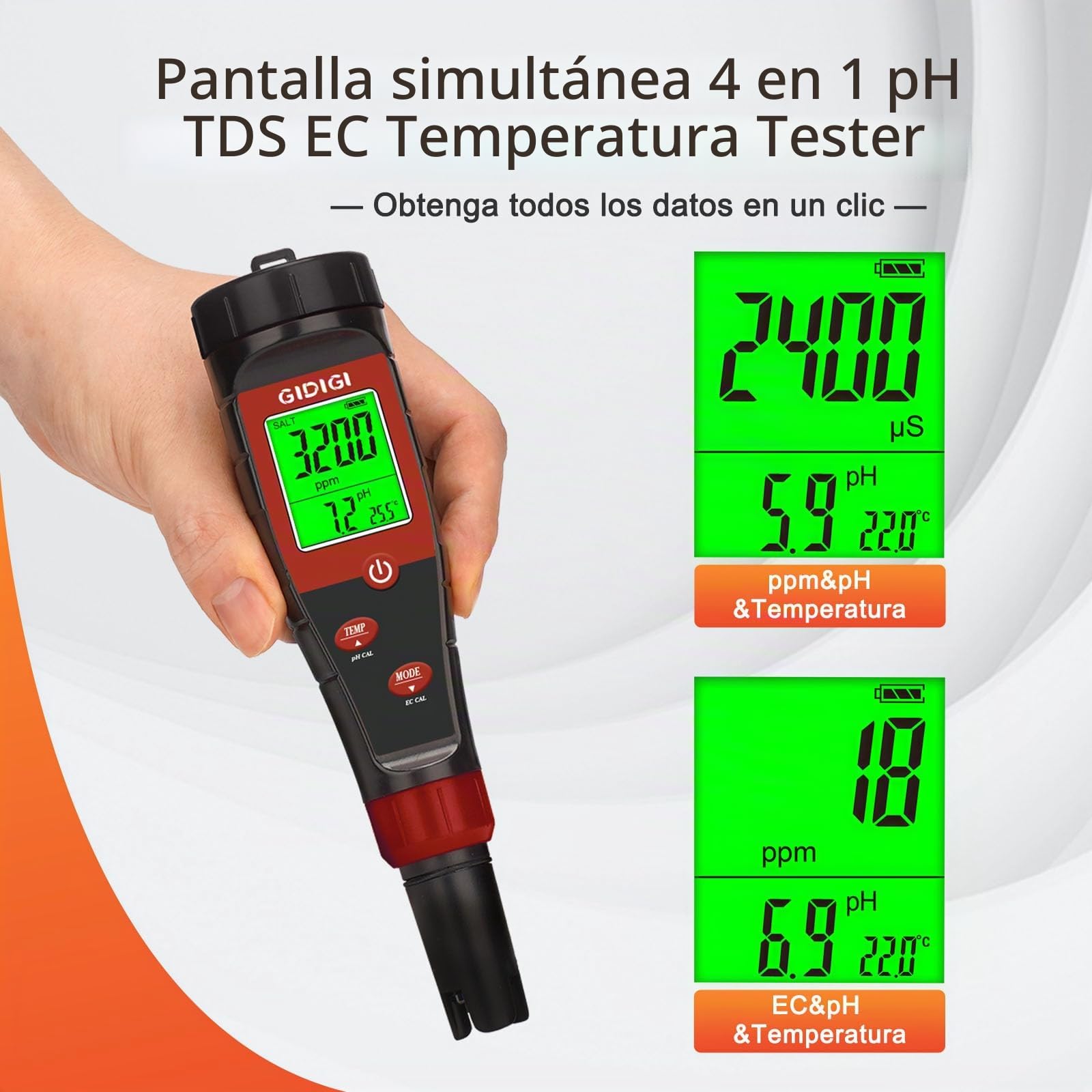 Medidor pH Agua 4 en 1, Probador Digital pH EC TDS para Piscina, Hidroponia, Agua Potable