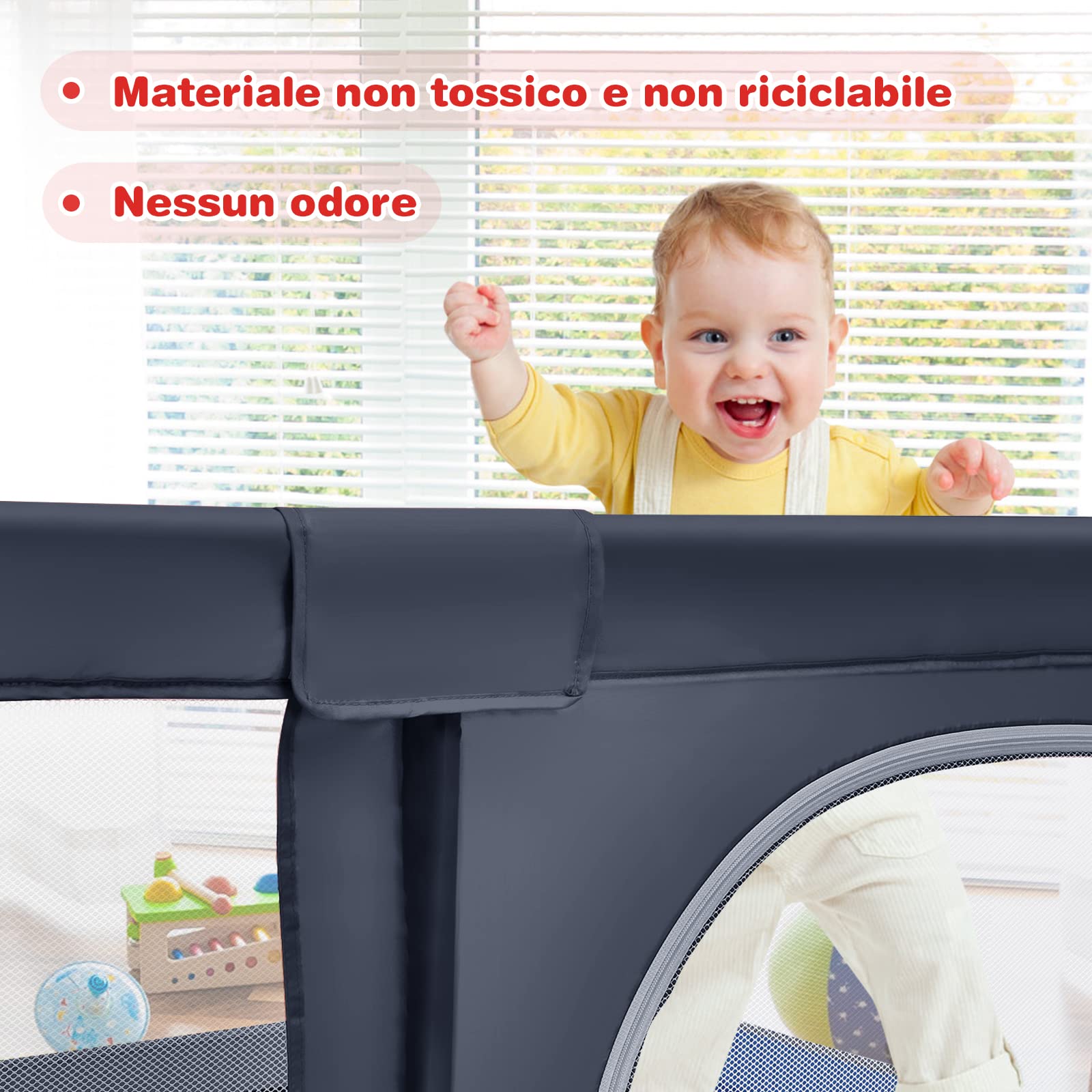 COSTWAY Box per Bambini, Centro Attività Portatile e Sicuro per Bambini, Box Colorato con Cancello, Recinto Extra per Interno ed Esterno con Rete Traspirante Durevole (Grigio scuro)