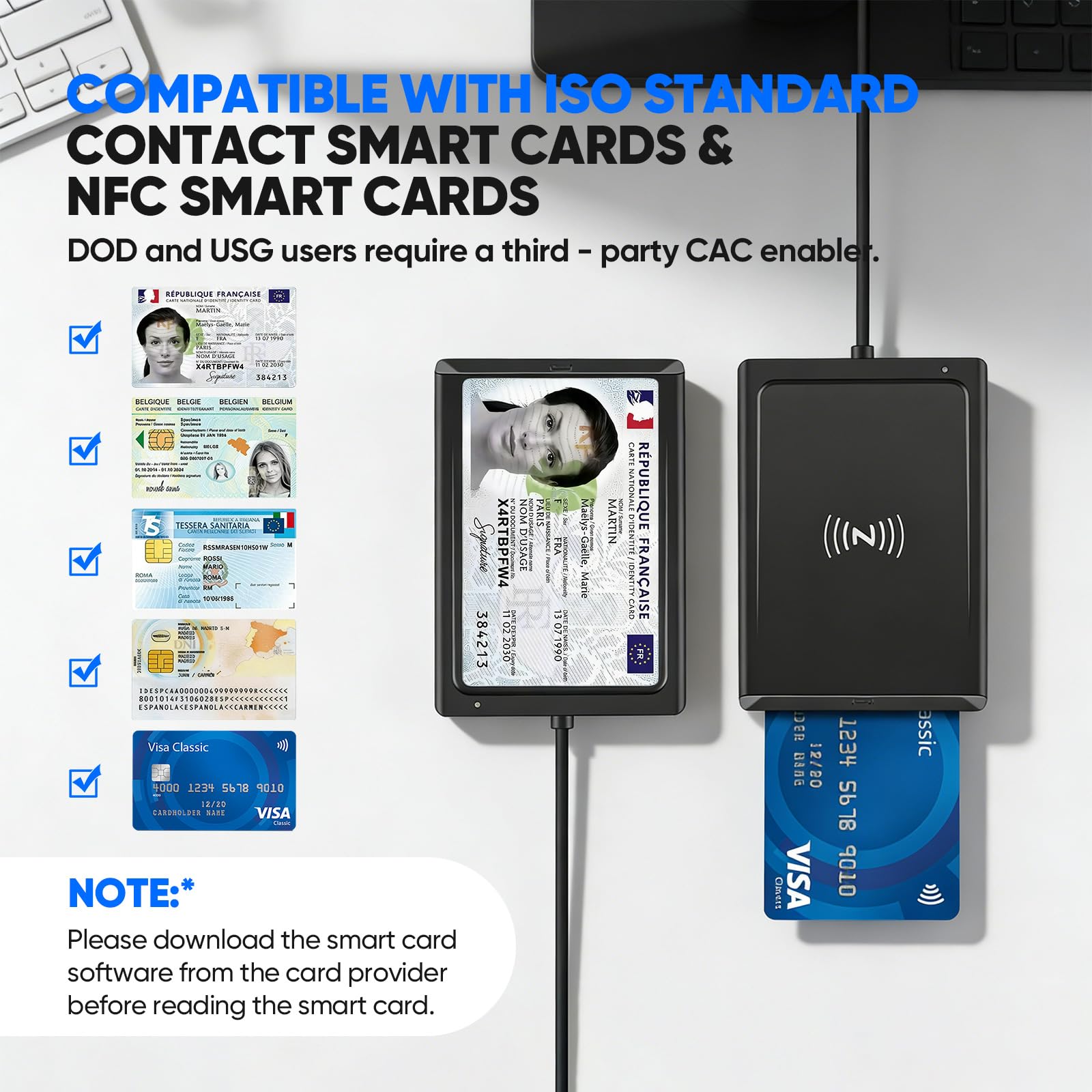 Lettore Smart Card Firma Digitale con NFC, Lettore CIE 3.0 Carta d'Identità e Tessera Sanitaria, Lettore di Smart Contatto e Contactless CIE/CRS/CNS, Compatibile con Windows7/8.1/10/11,Linux (nera)